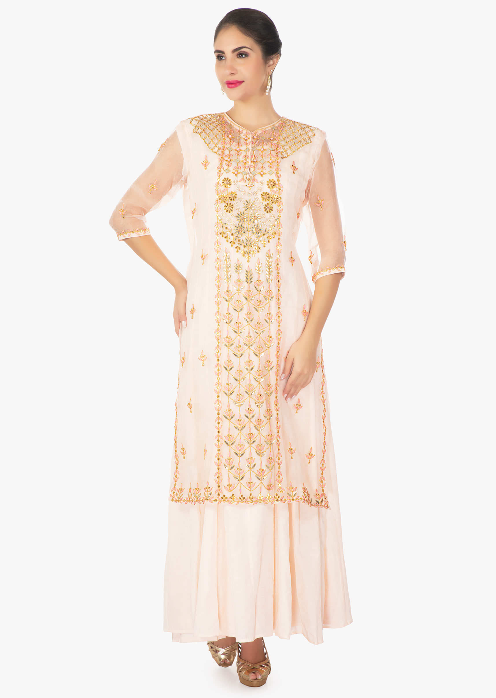 Cantaloupe peach cotton inners with organza top in gotta lace and resham