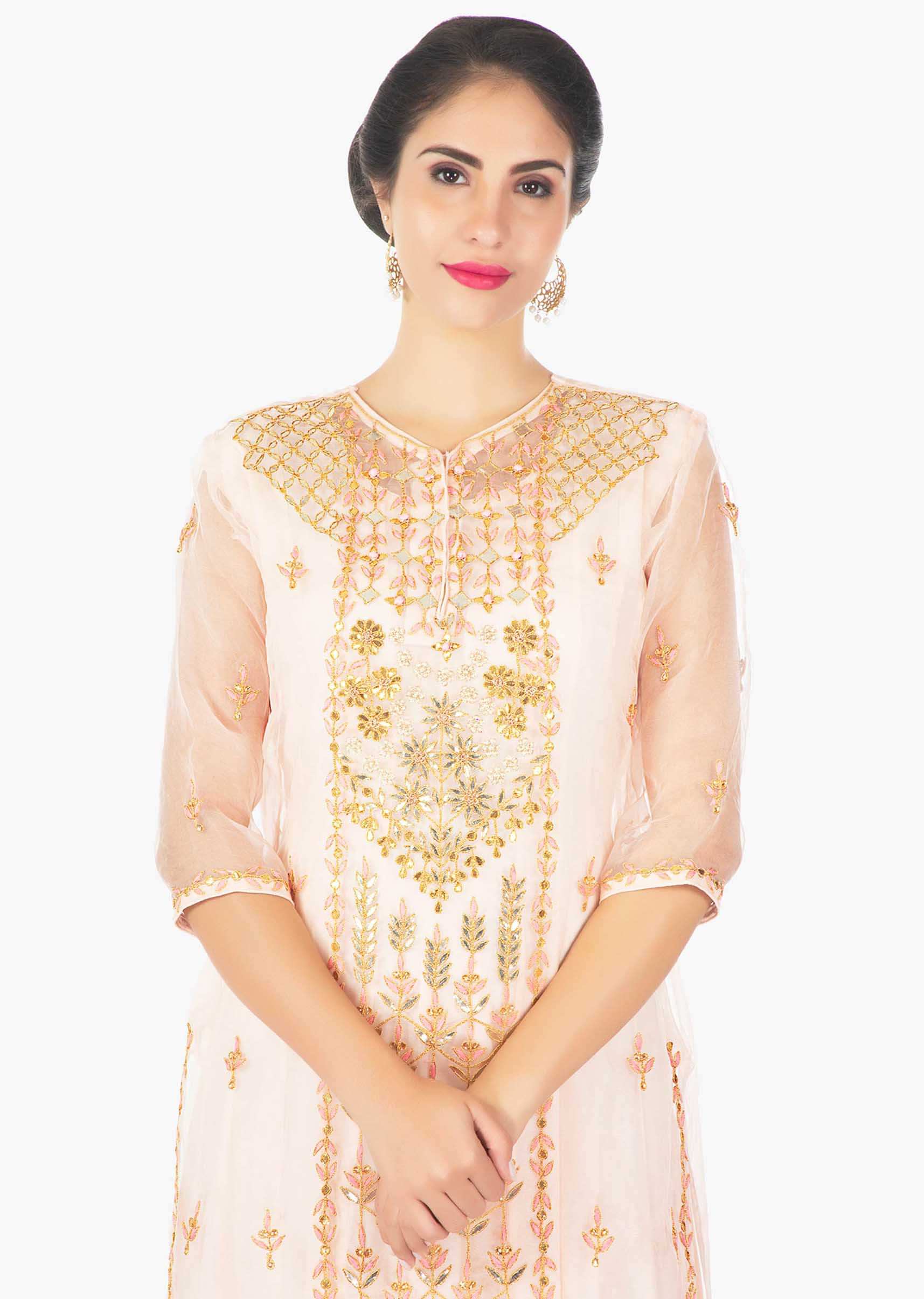 Cantaloupe peach cotton inners with organza top in gotta lace and resham