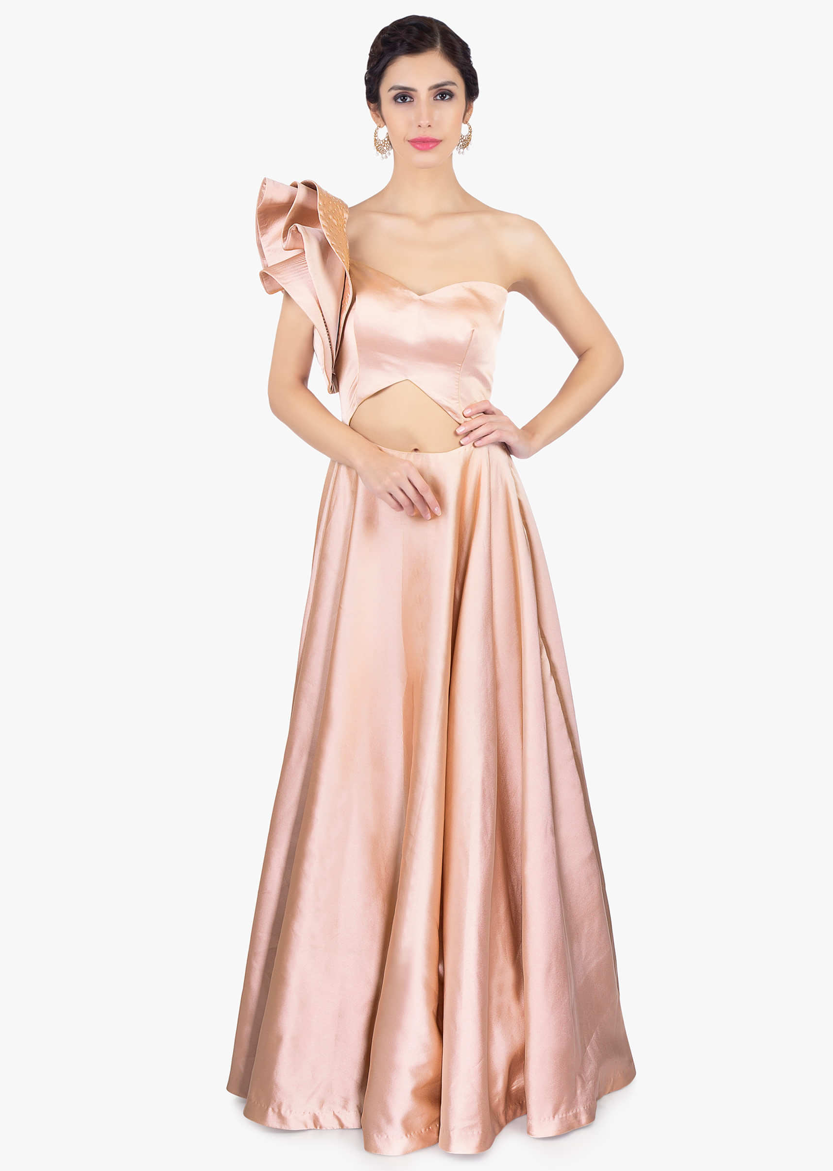 Caramel beige one shoulder milano satin gown with 3 D floral style