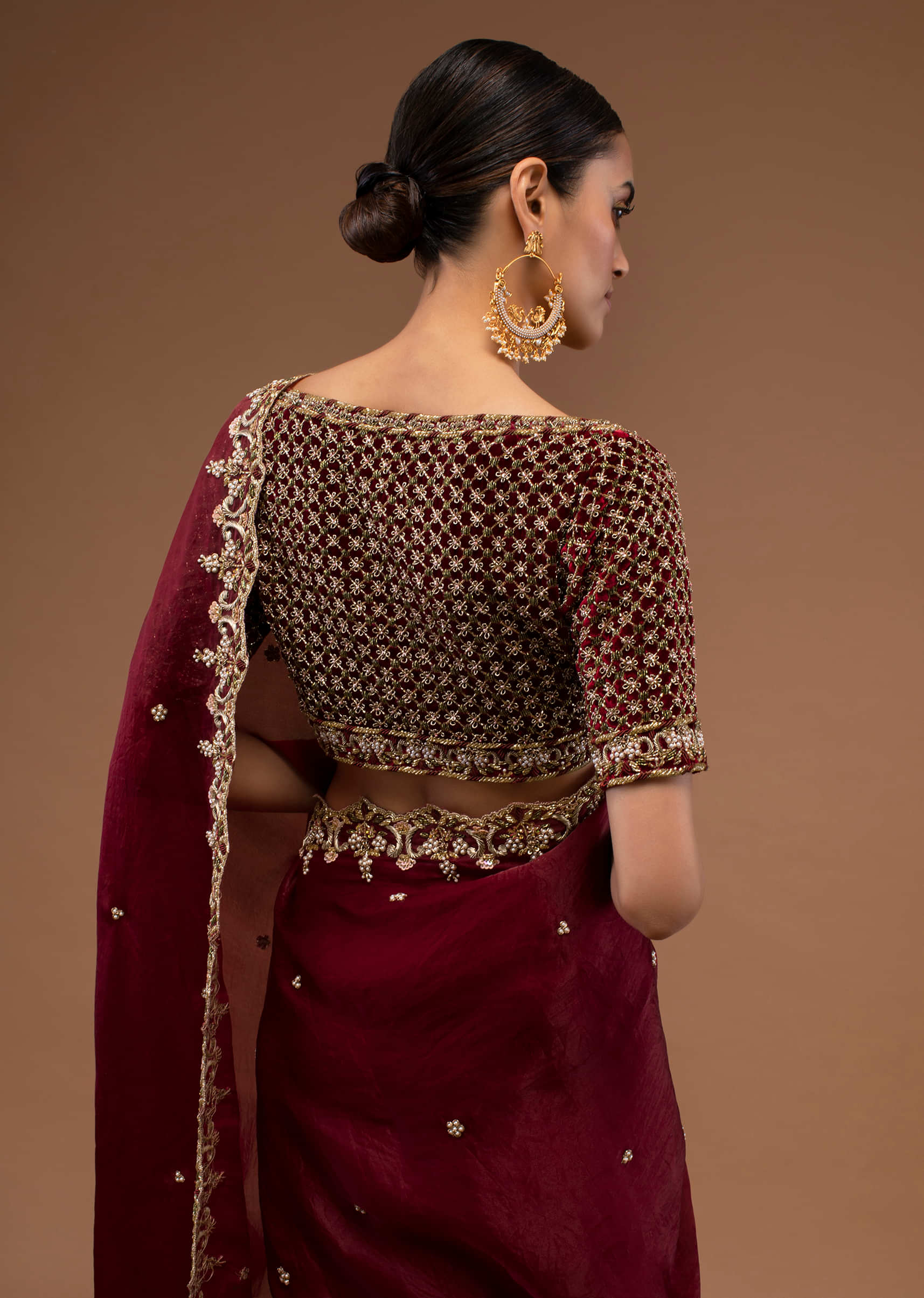 Cardinal Red Organza Saree Set In Zardozi Embroidery, Paired With A Blouse Crafted In Velvet In Half Sleeves