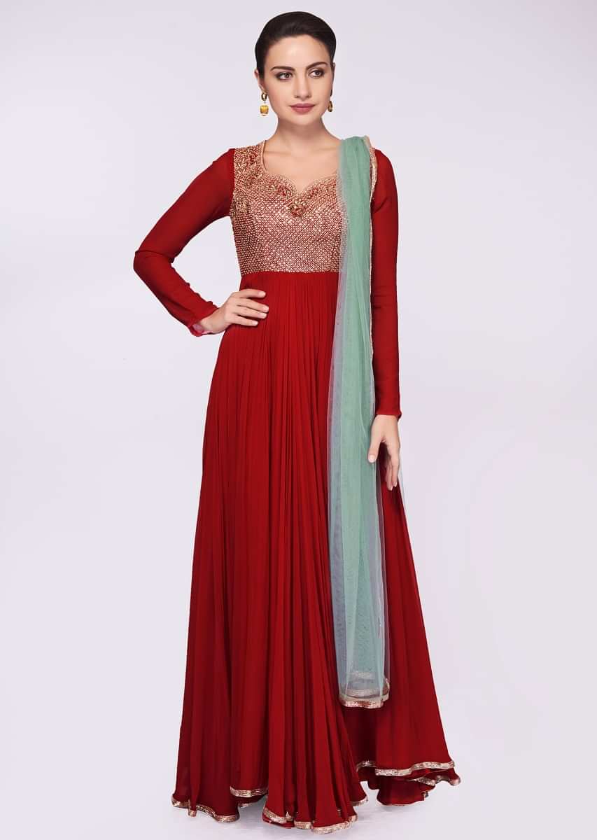 Carmine red georgette anarkali dress with embroidered bodice