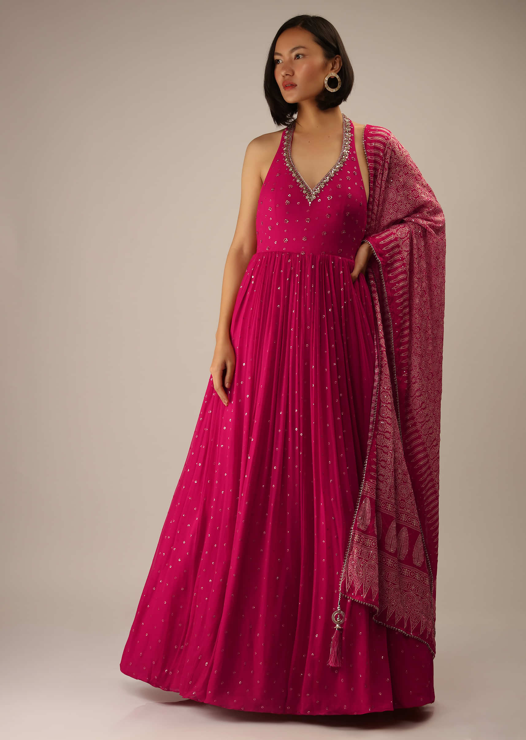 Carmine Pink Anarkali Suit In Georgette With Printed Dupatta