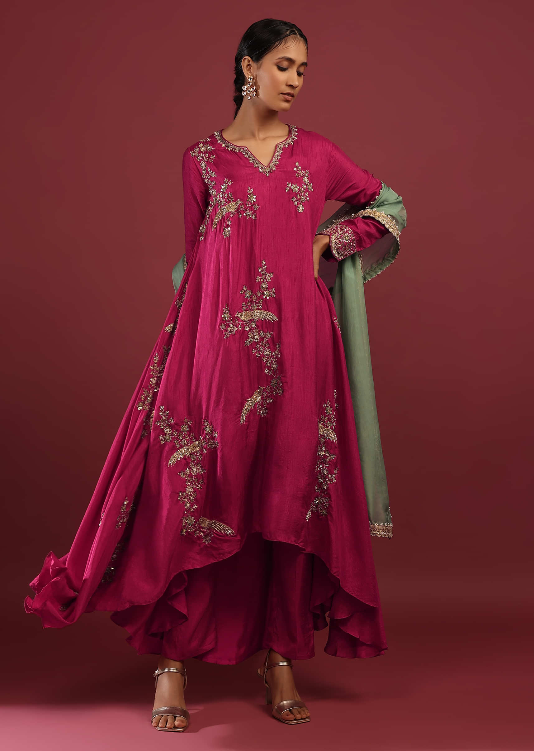 Magenta Pink A Line Suit With Zardosi Embroidered Bird Motifs And Neptune Green Dupatta
