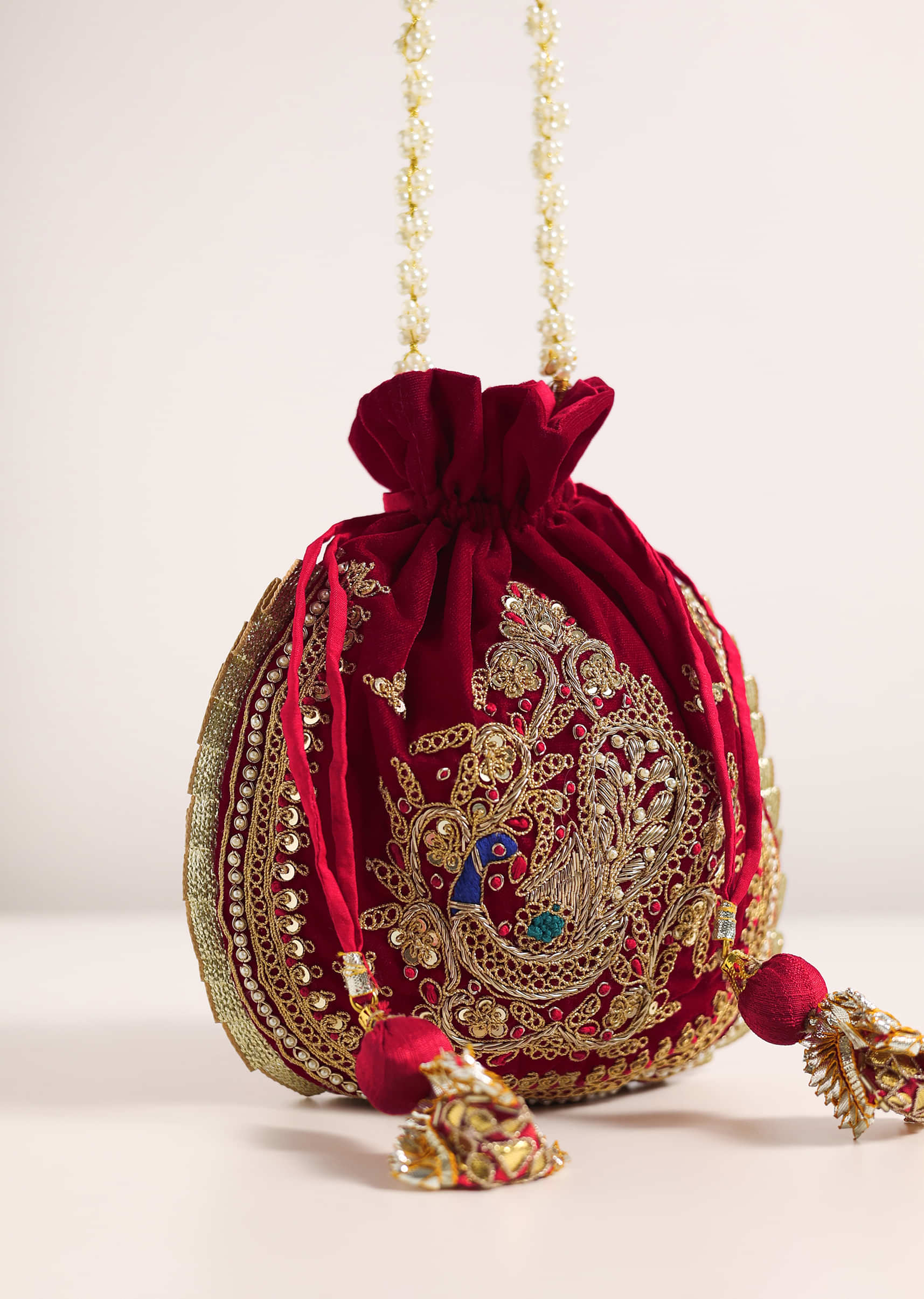 Handled Silk Embroidered Potli Bags (Red)