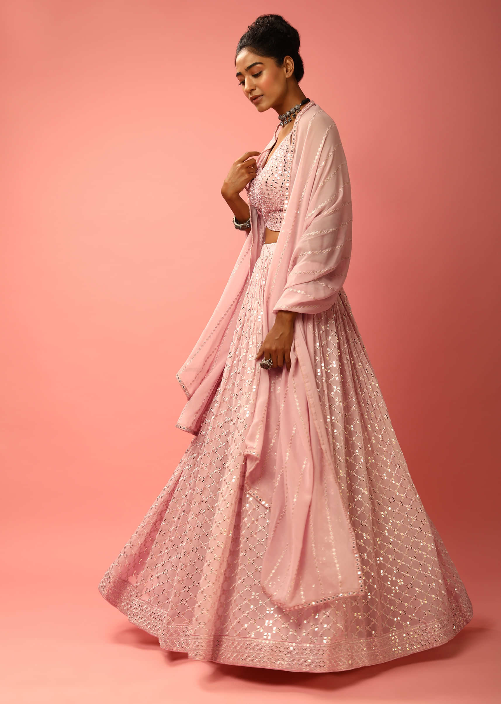 Carnation Pink Lehenga Choli In Georgette With Sequins Abla Embroidered Jaal 