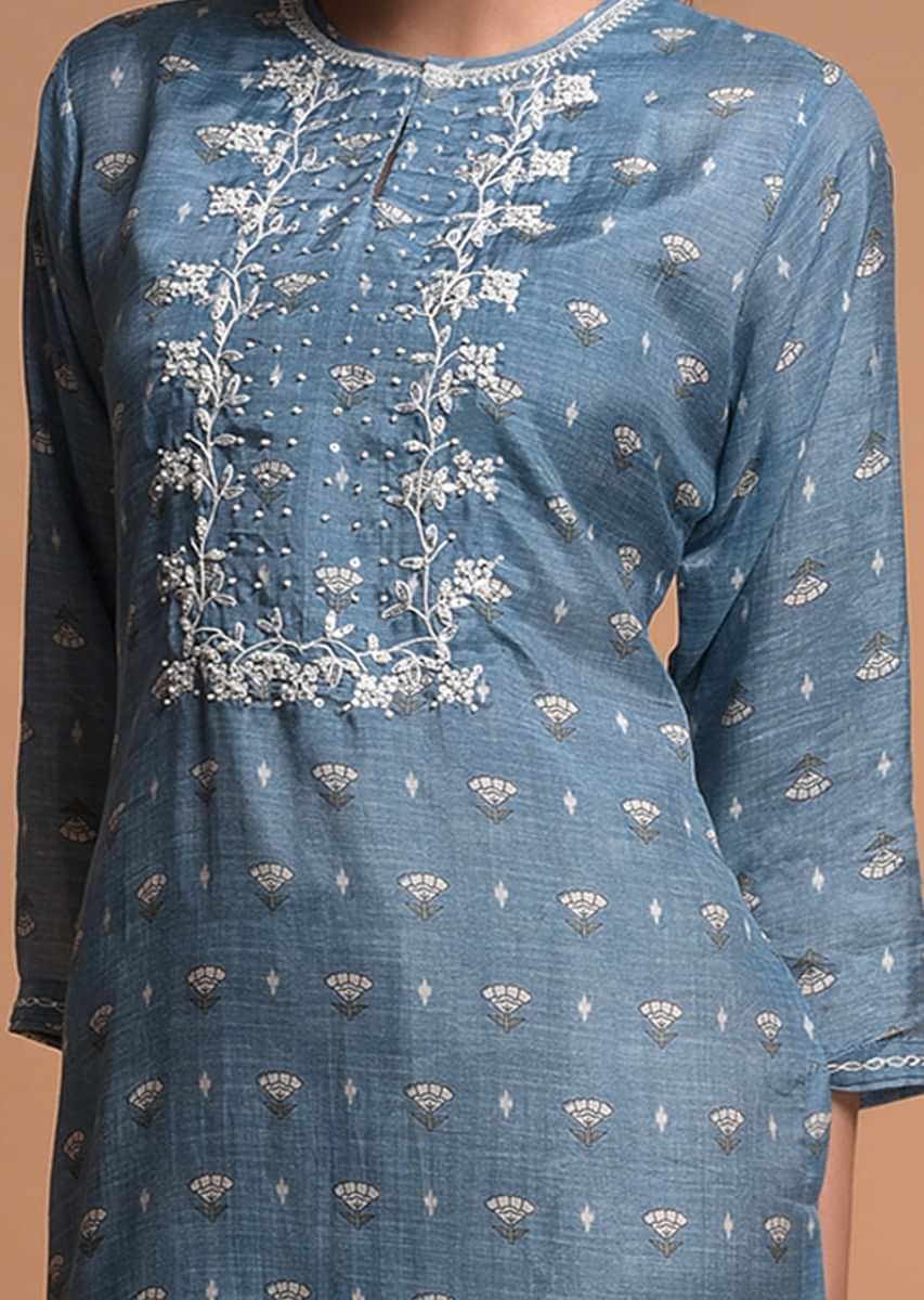 Buy Carolina Blue Kurti In Cotton Blend With Floral Printed Buttis ...