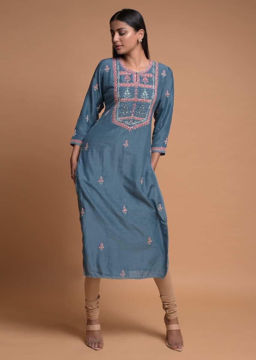 Carolina Blue Kurti With Colorful Thread Embroidered Yoke And Buttis 