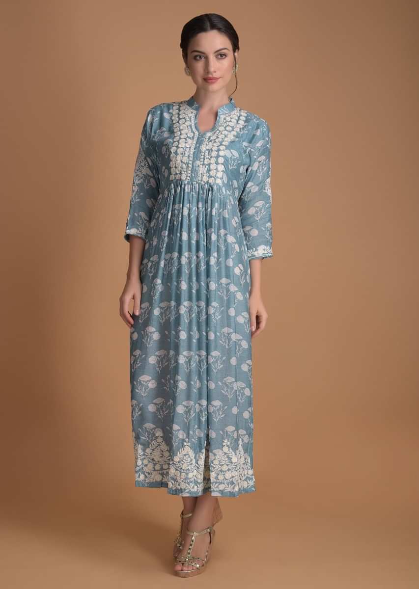 Buy Carolina Blue Tunic In Cotton With Floral Printed Buttis And Thread ...