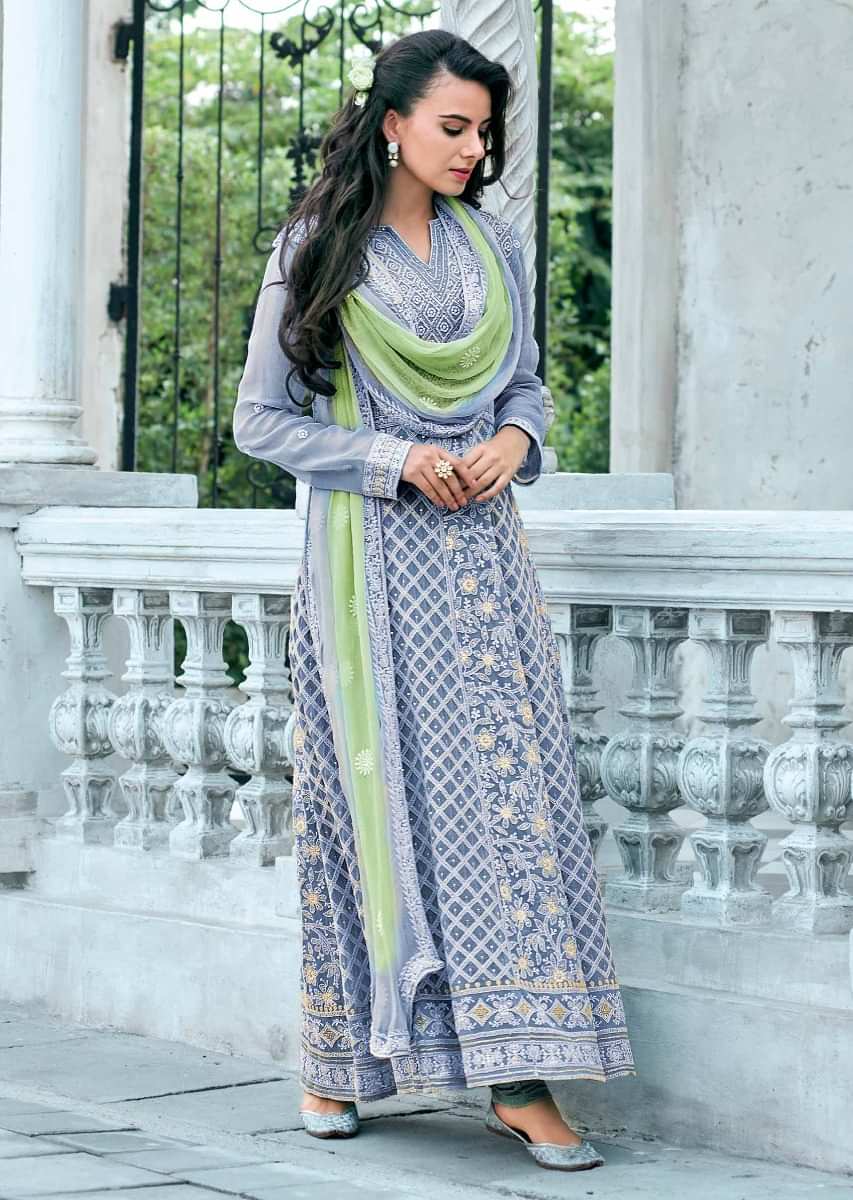Caroline Blue Anarkali Suit With Checks And Floral Motif Embroidery And Green Dupatta Online - Kalki Fashion