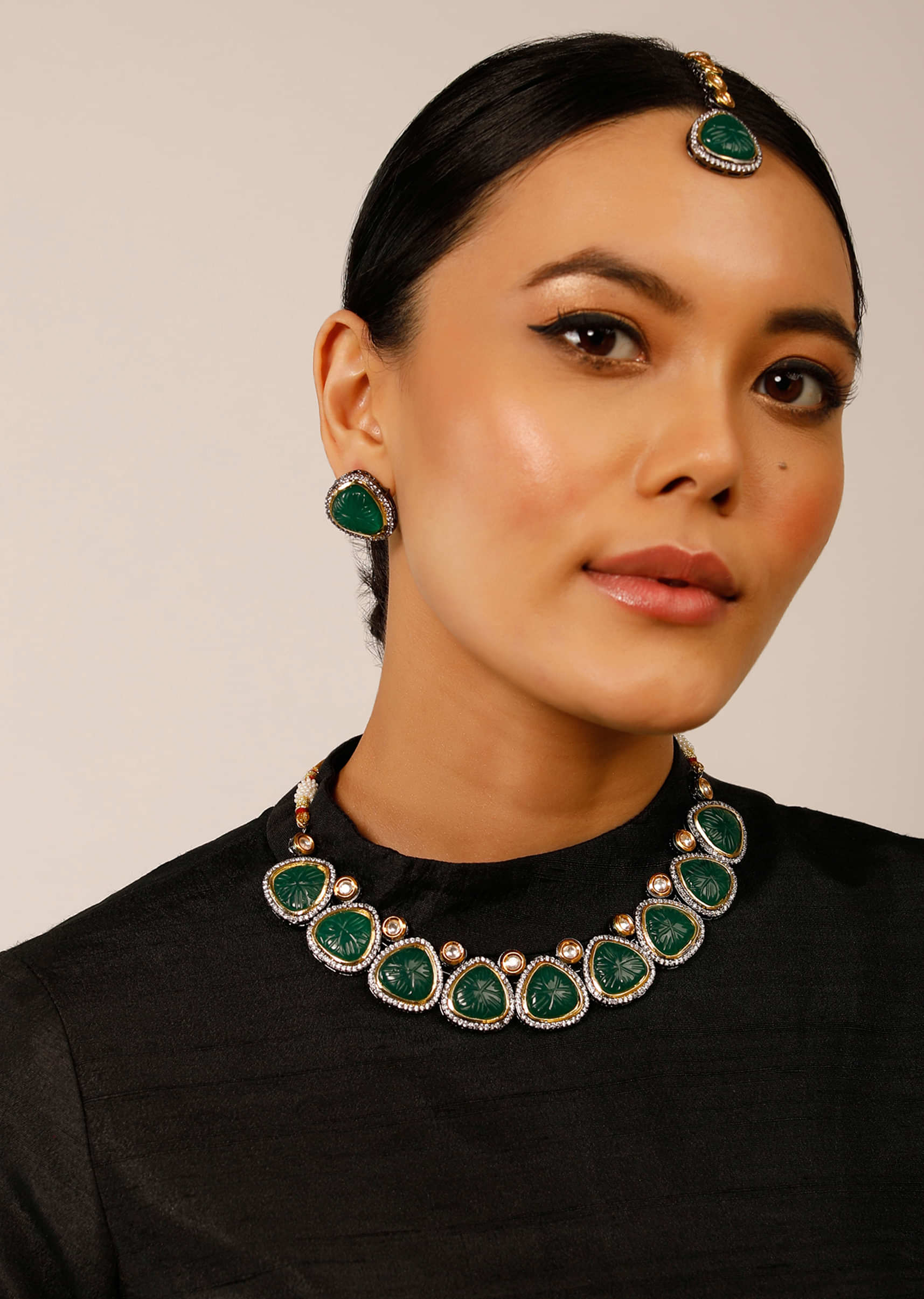 Carved Green Stone Necklace Set Edged In Swarovski With Matching Stud Earrings And Mangtika 