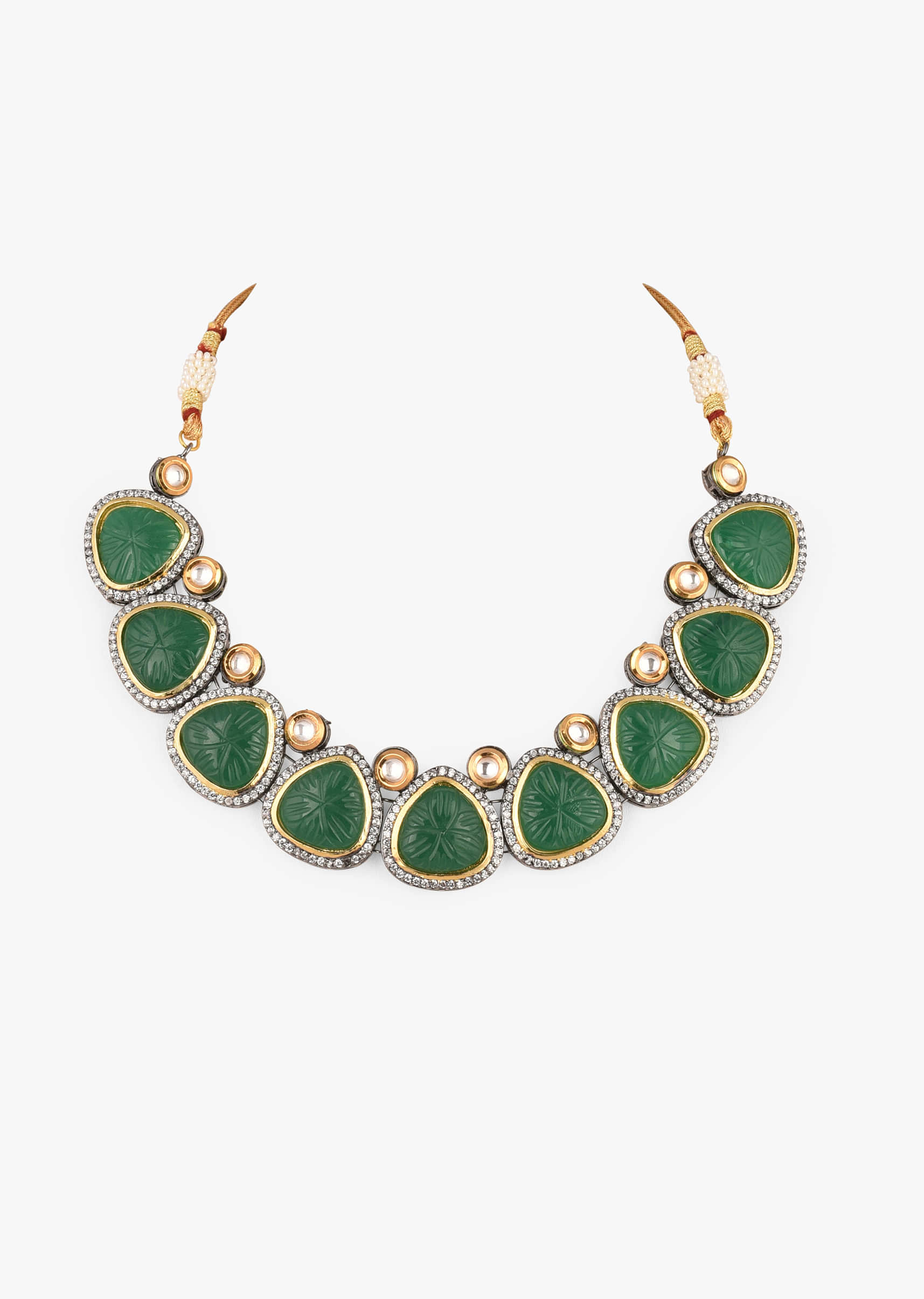 Carved Green Stone Necklace Set Edged In Swarovski With Matching Stud Earrings And Mangtika 