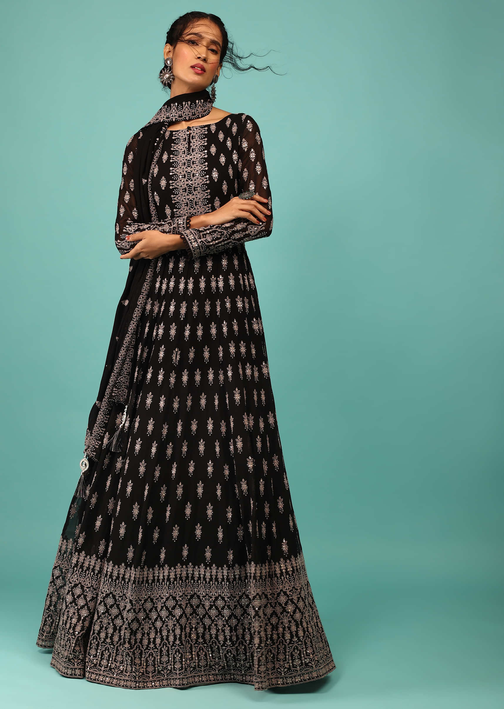 Caviar Black Anarkali Suit In Georgette With Embroidery In Thread & Sequins