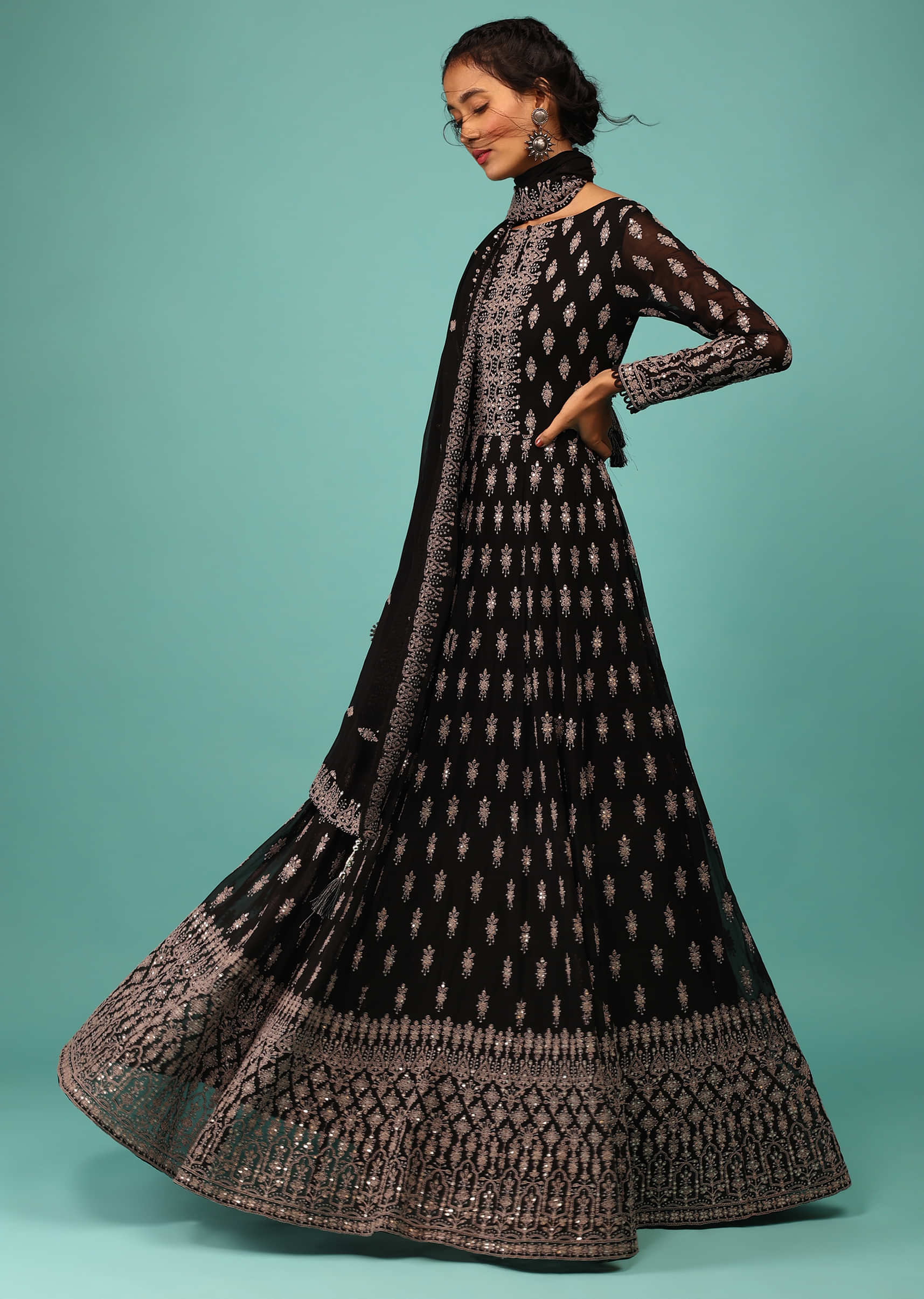 Black Anarkali Suit In Georgette With Embroidery In Thread & Sequins