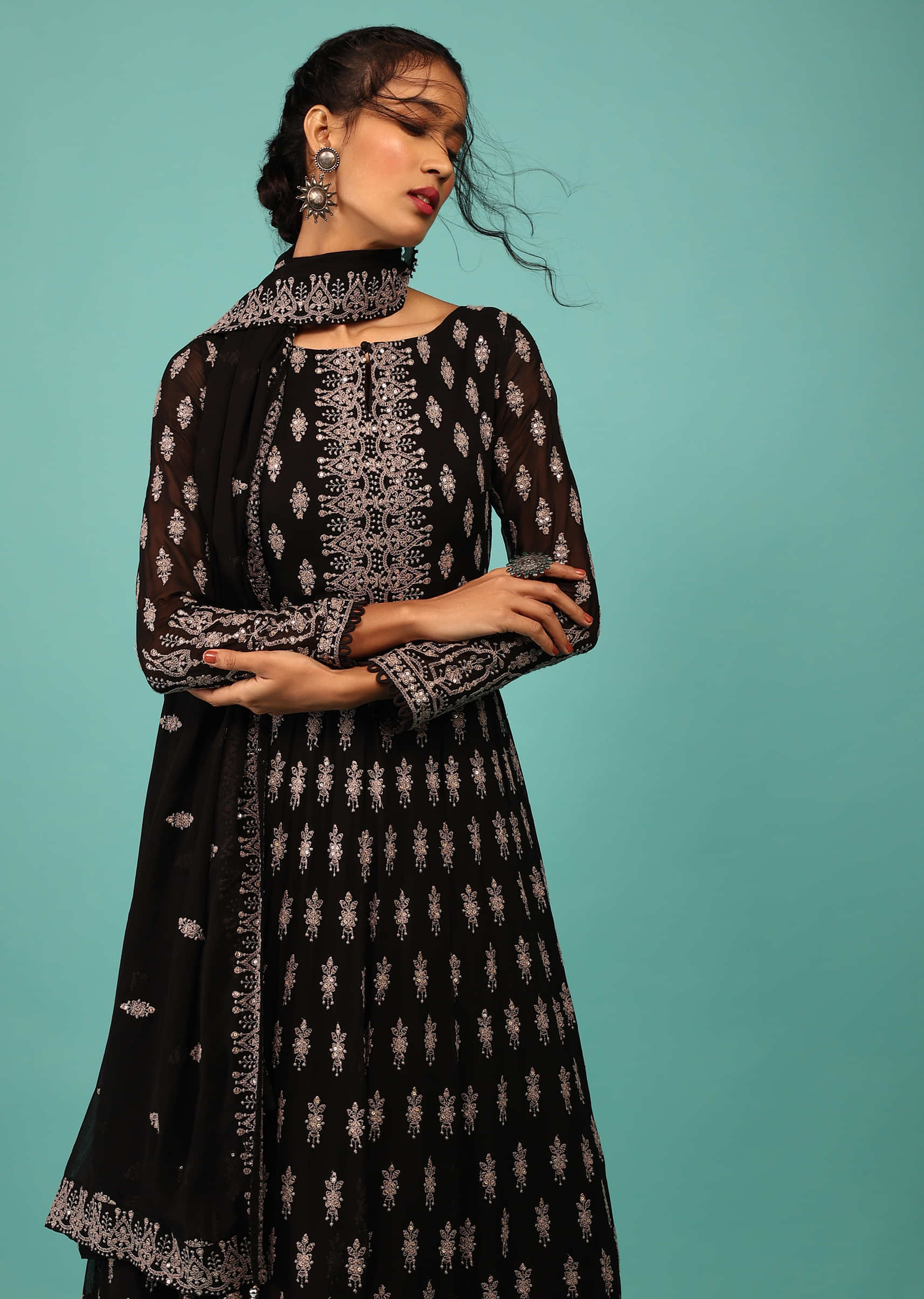 Black Anarkali Suit In Georgette With Embroidery In Thread & Sequins