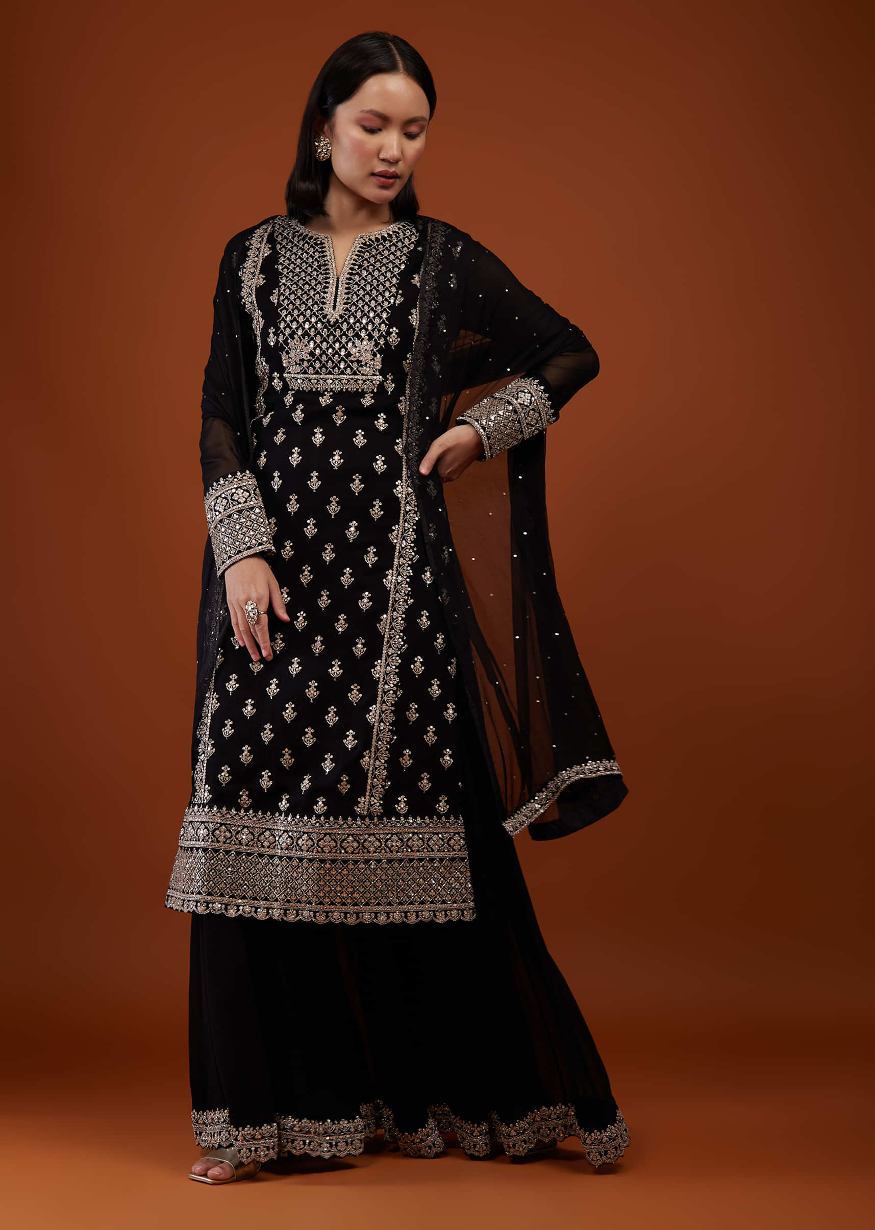 Caviar Black Embroidered Georgette Palazzo Suit