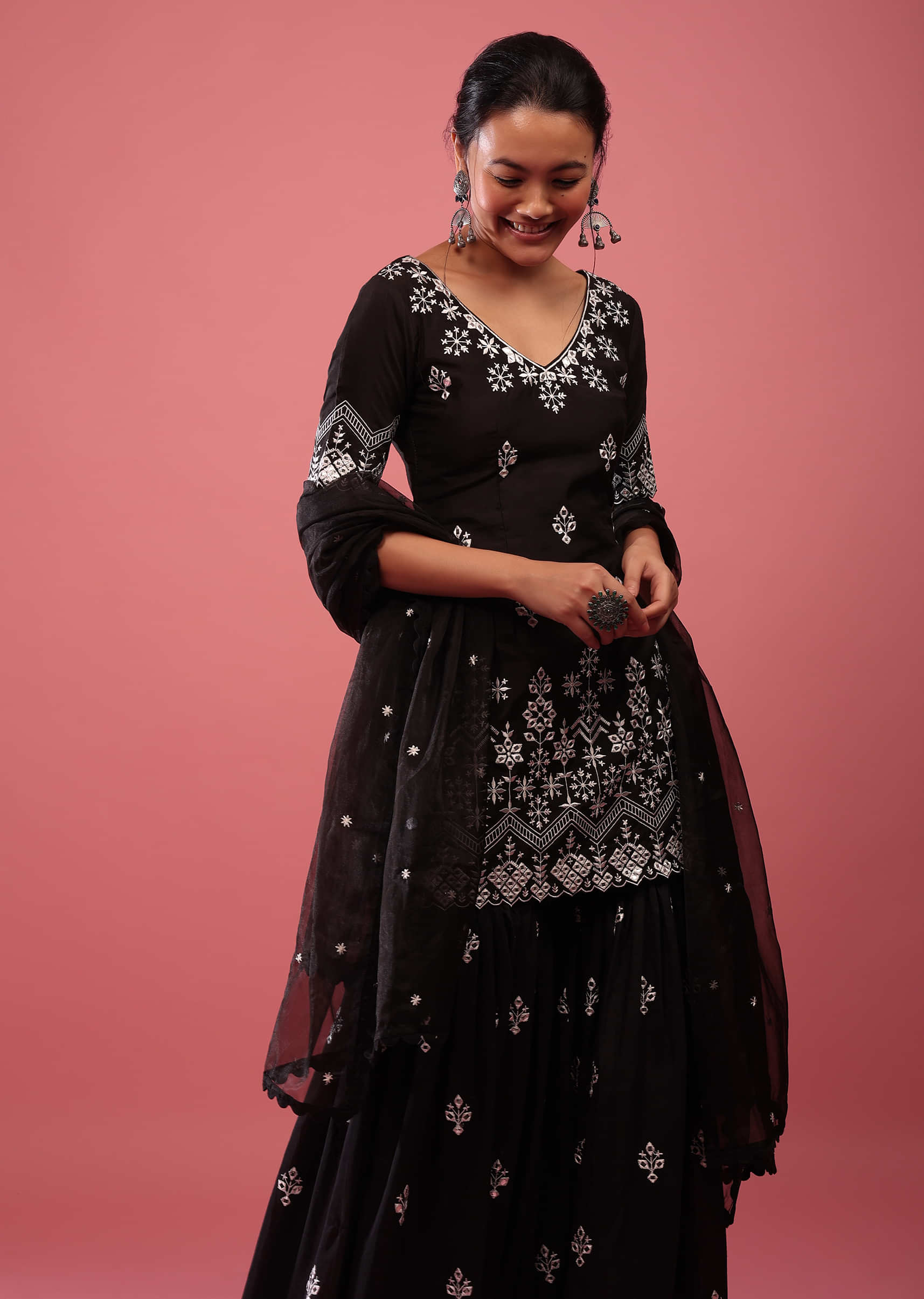 Black Lucknowi Sharara Suit In Cotton With Embroidery