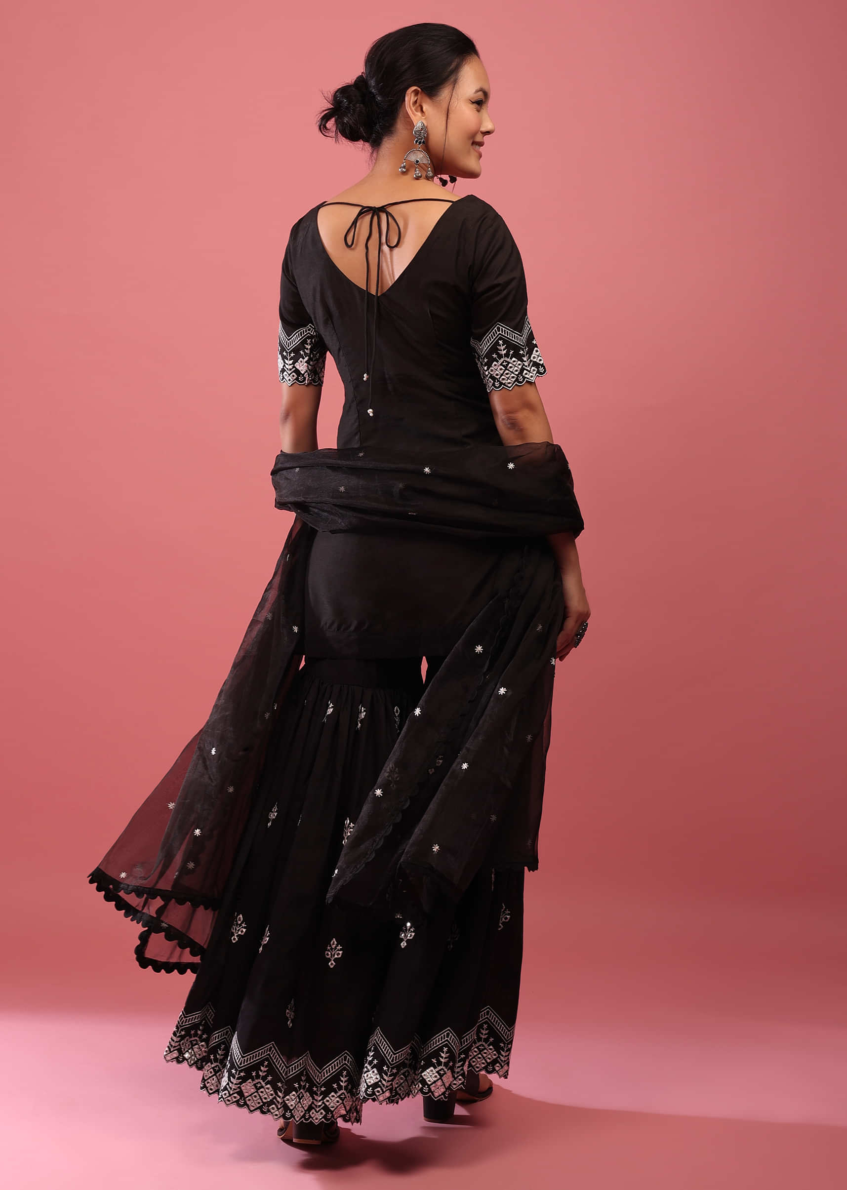 Black Lucknowi Sharara Suit In Cotton With Embroidery