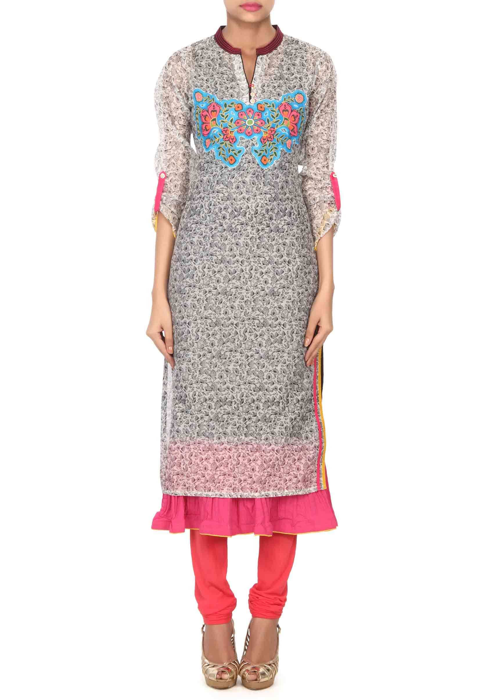 Cream and black applique embroidered kurti only on Kalki