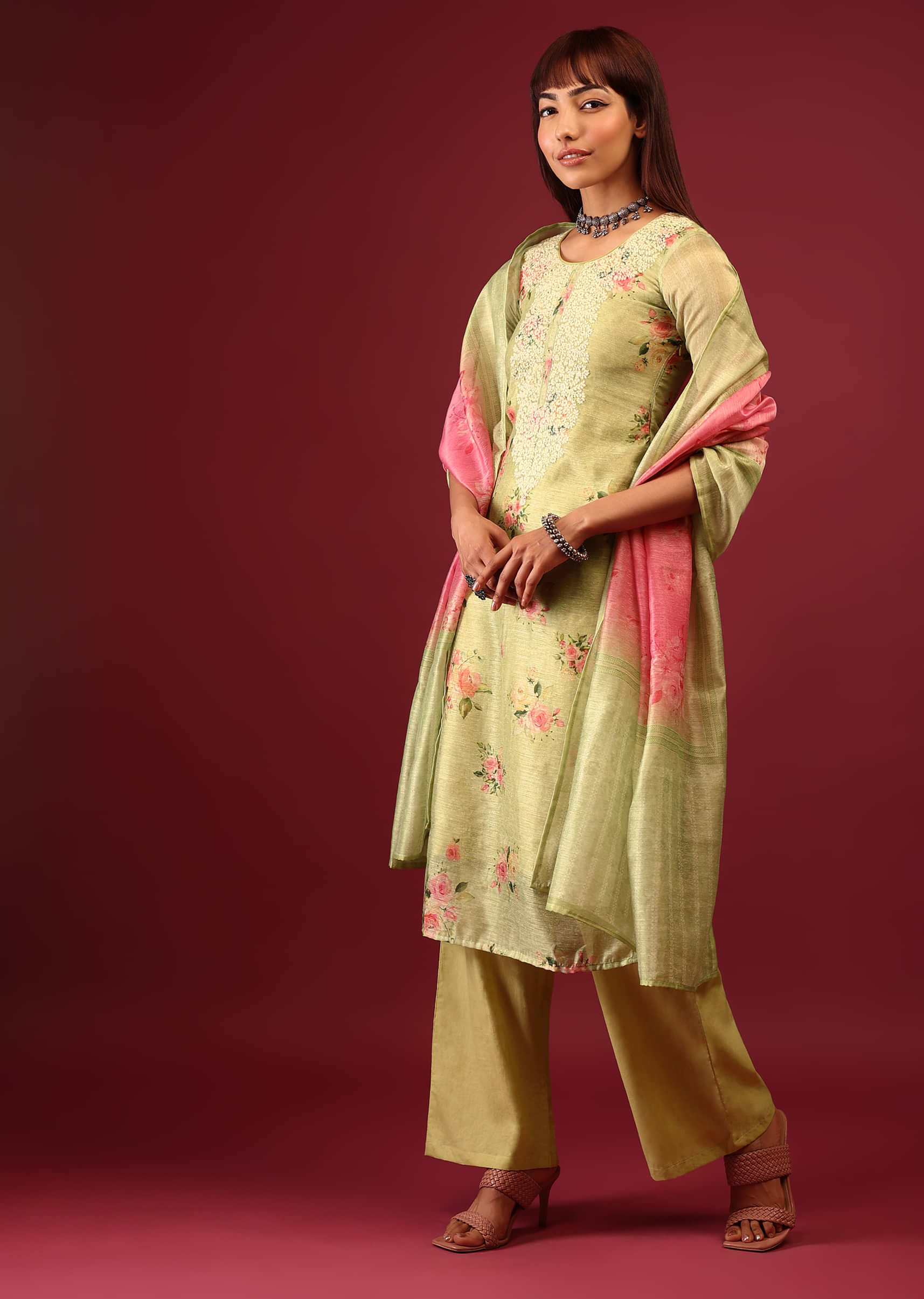 Celery Green Floral Print Palazzo Suit In U Neckline With Thread And Zari Embroidery