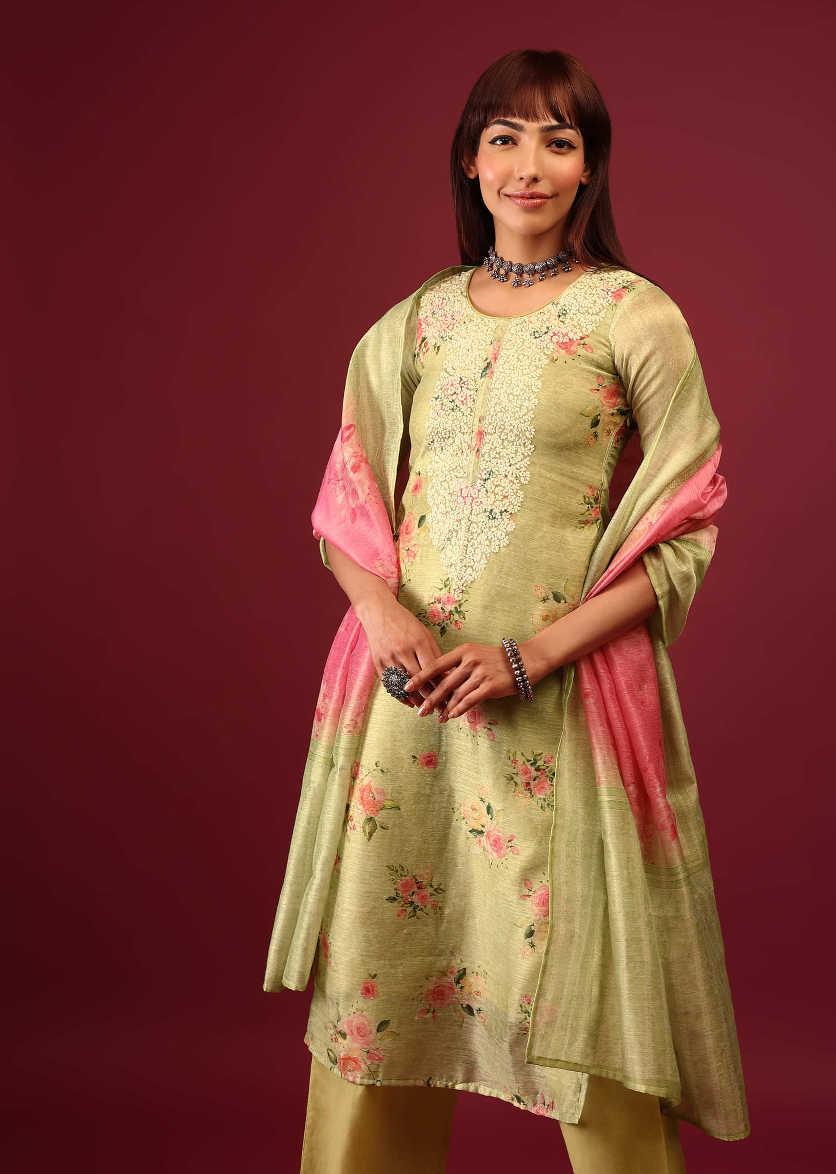 Lime Green Floral Print Palazzo Suit In U Neckline With Zari Embroidery