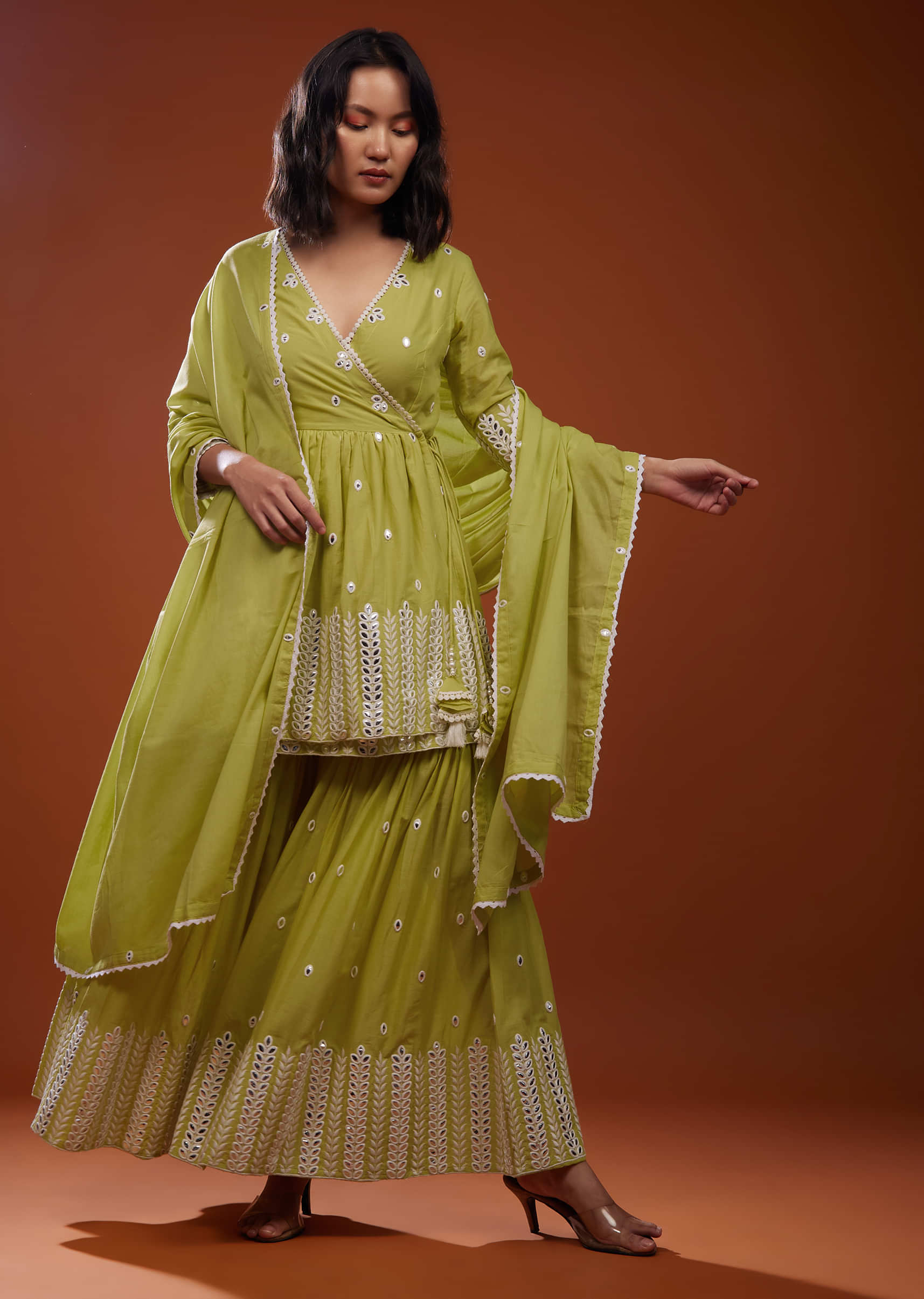 Celery Yellow Sharara Suit Set With Angarakha Top