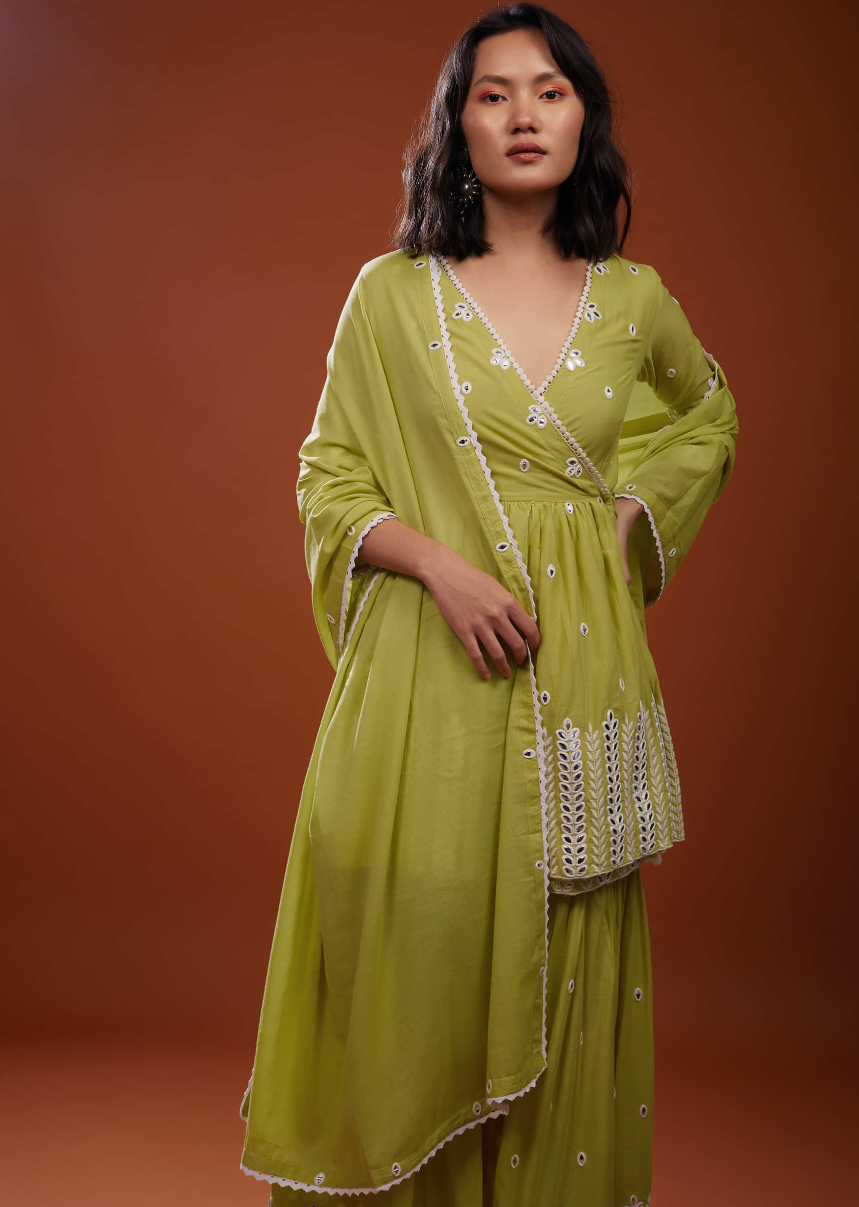 Lime Green Sharara Suit Set With Angarakha Top