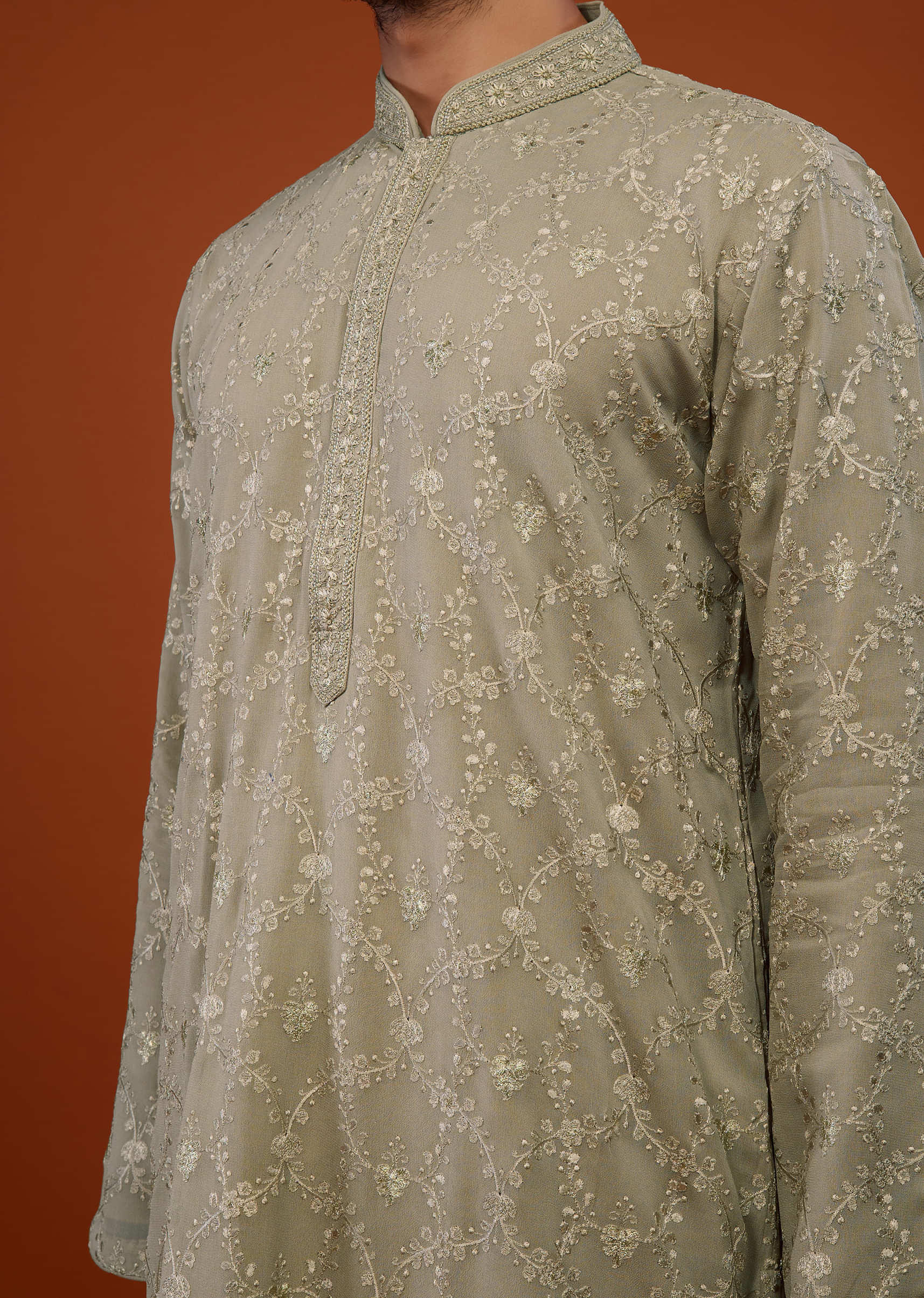 Cloud Grey Mirror Embroidered Kurta Set In Cotton Silk