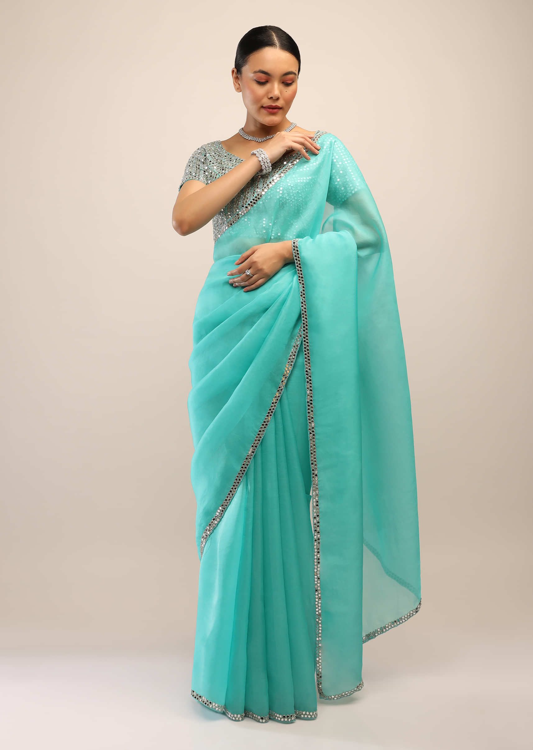 Ceramic Blue Saree In Organza With Mirror And Cut Dana Embroidery On The Border And Unstitched Blouse