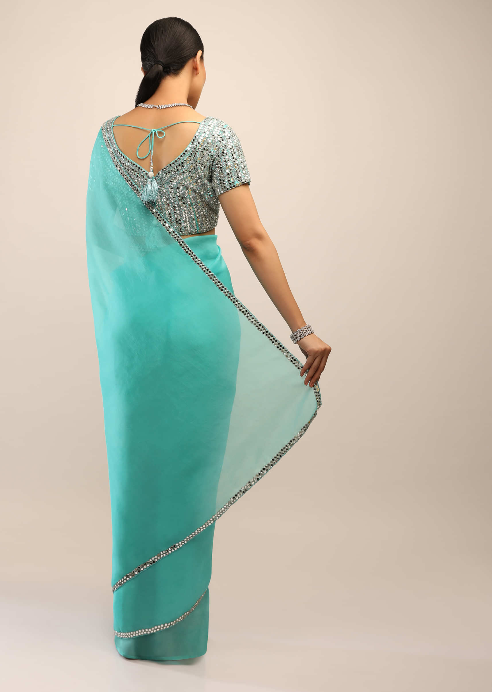 Ceramic Blue Saree In Organza With Mirror And Cut Dana Embroidery On The Border And Unstitched Blouse