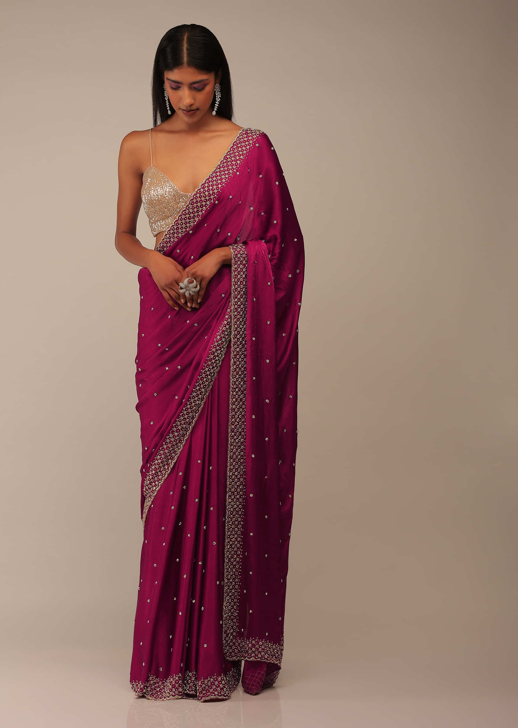 Cerise Pink Saree In Stones And Cut Dana Embroidery