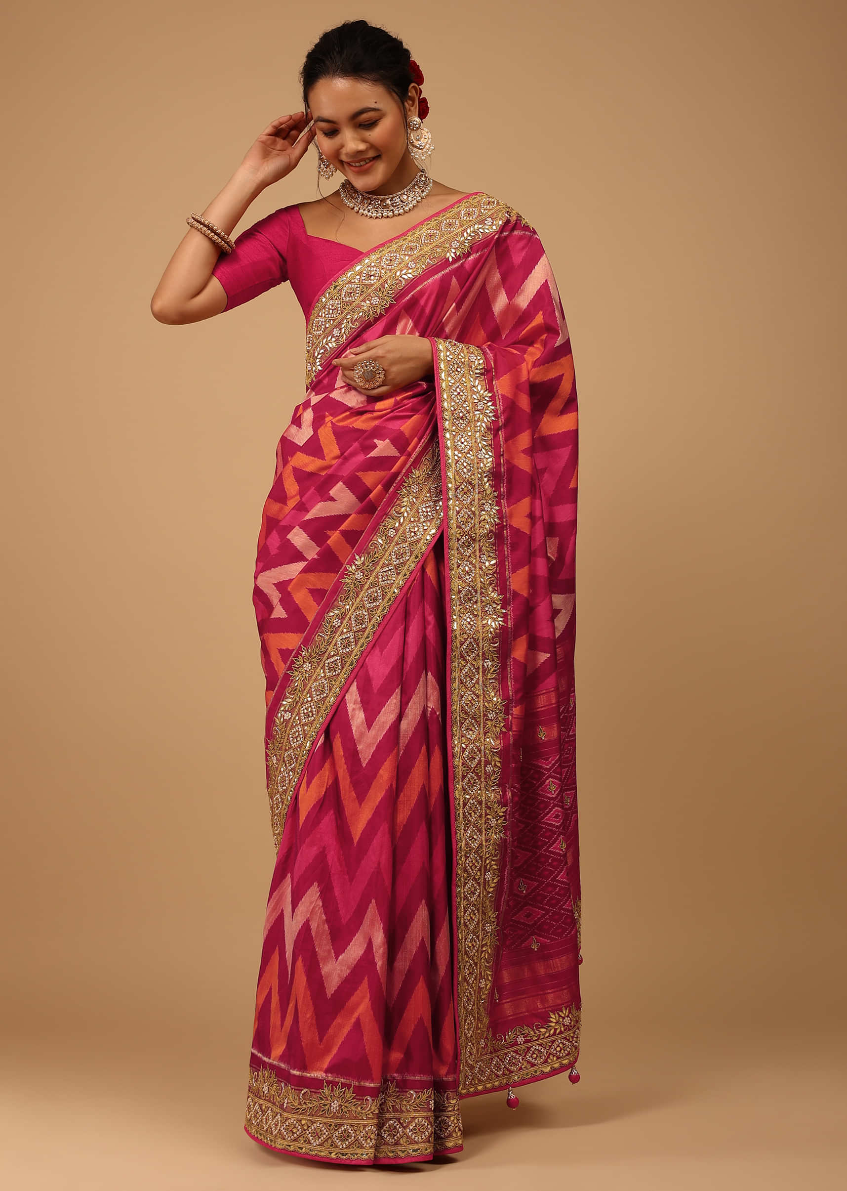 Cerise Pink Saree In Pure Silk With Handloom Patola Ikat Weave