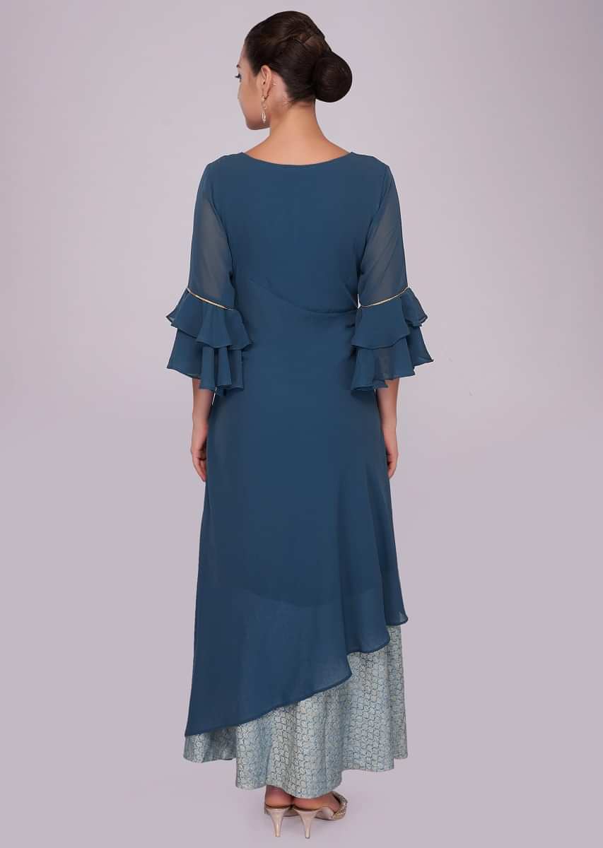 Cerulean blue layered tunic dress adorn in zardosi butti 