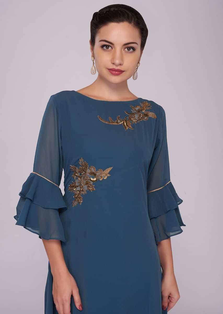 Buy Yale Blue Tunic In Georgette With Jacquard Cotton Under Layer ...