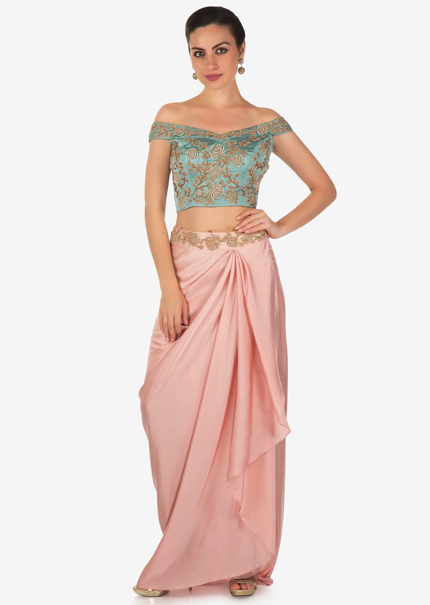 Cerulean Blue Top And Rose Pink Draped Lungi Skirt Set Online - Kalki Fashion