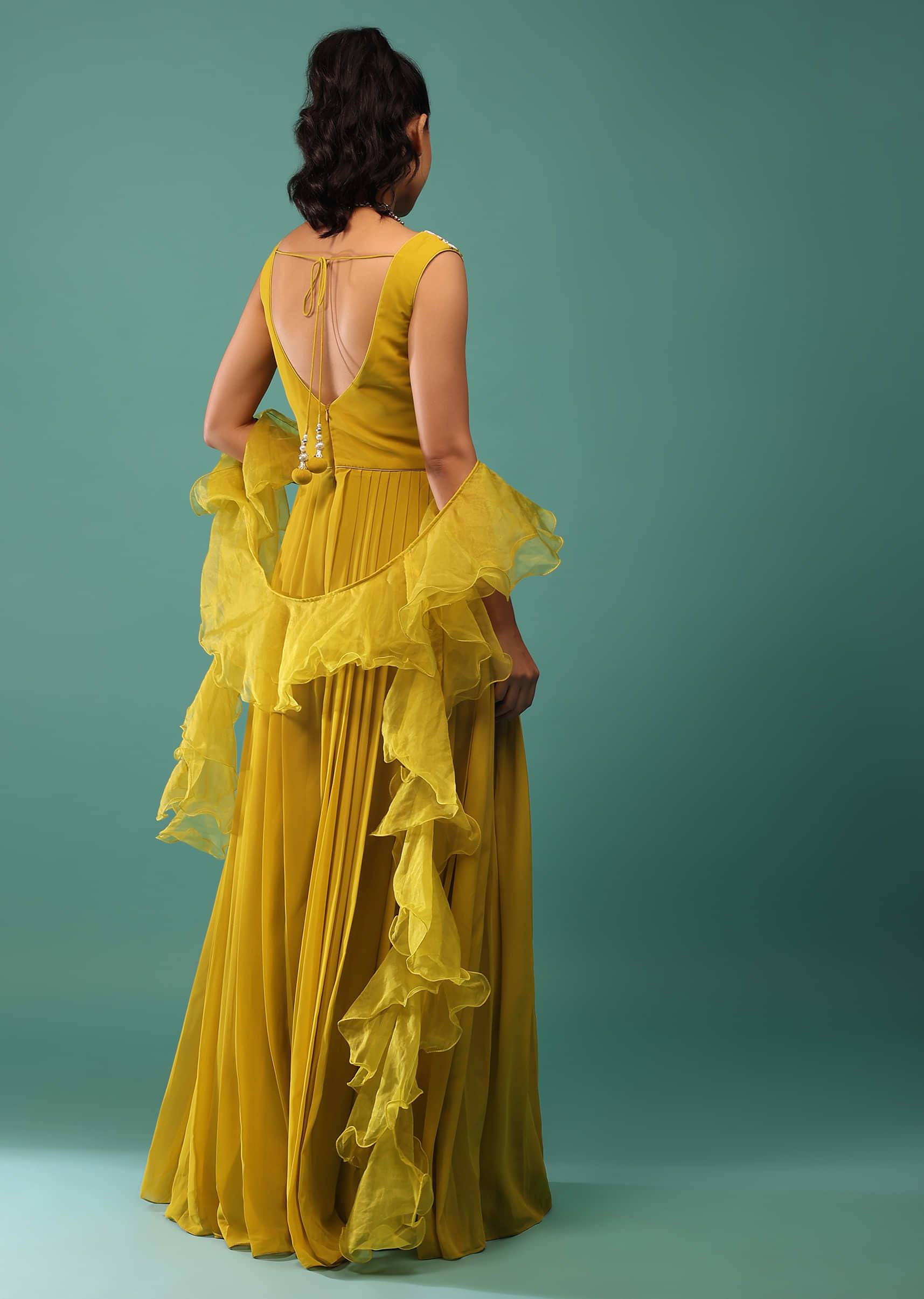 Ceylon Yellow Georgette Jumpsuit With Mirror Work On Bodice