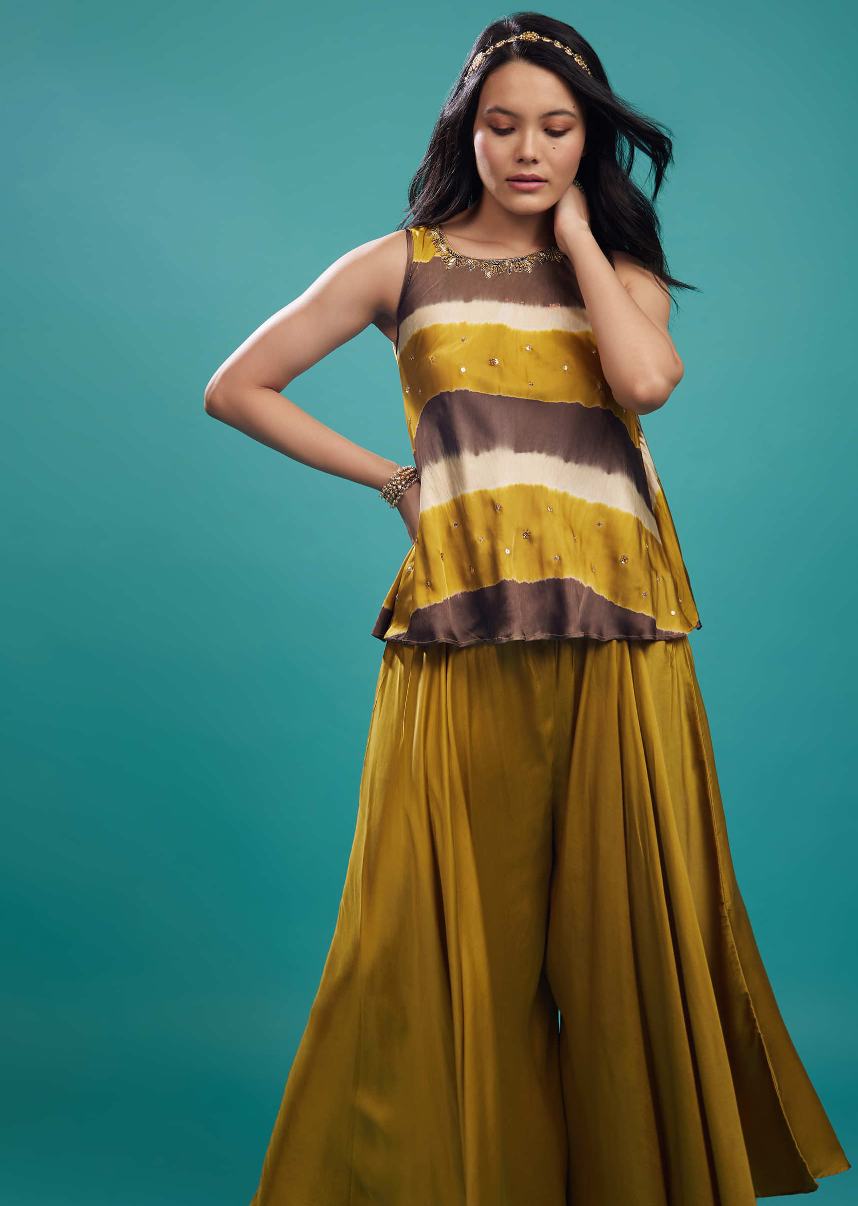 Moss Yellow Top & Palazzo In Cotton Silk With Handwork On The Neckline