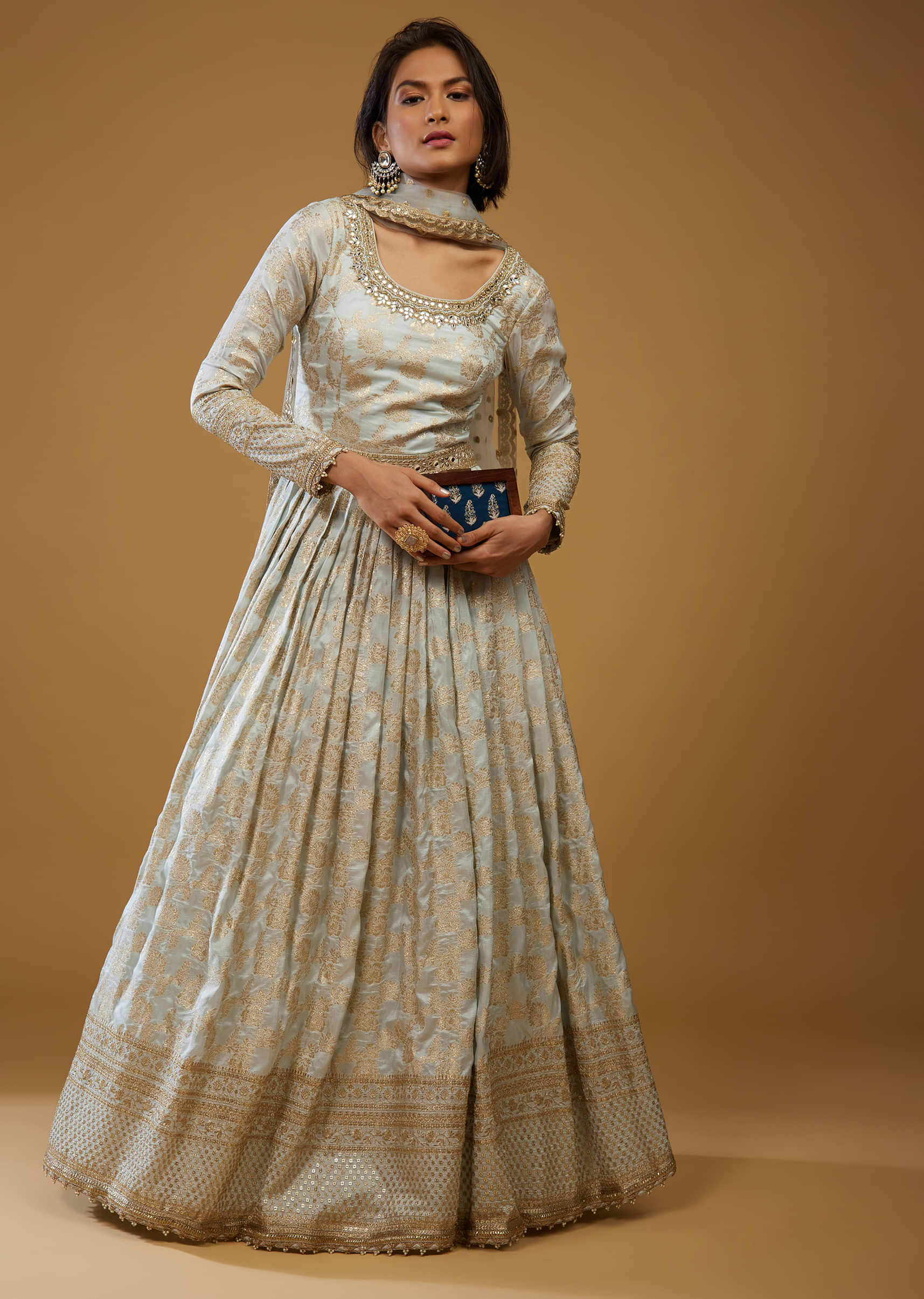 Frost White Anarkali Suit With Floral Brocade Weave And Mirror Embroidery