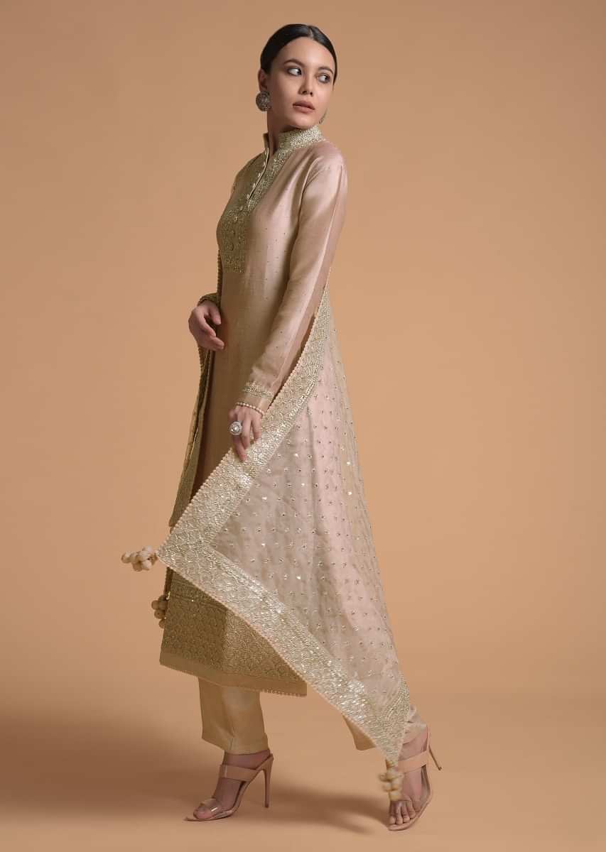 Buy Champagne Peach Straight Cut Suit With Heavy Cord Embroidered