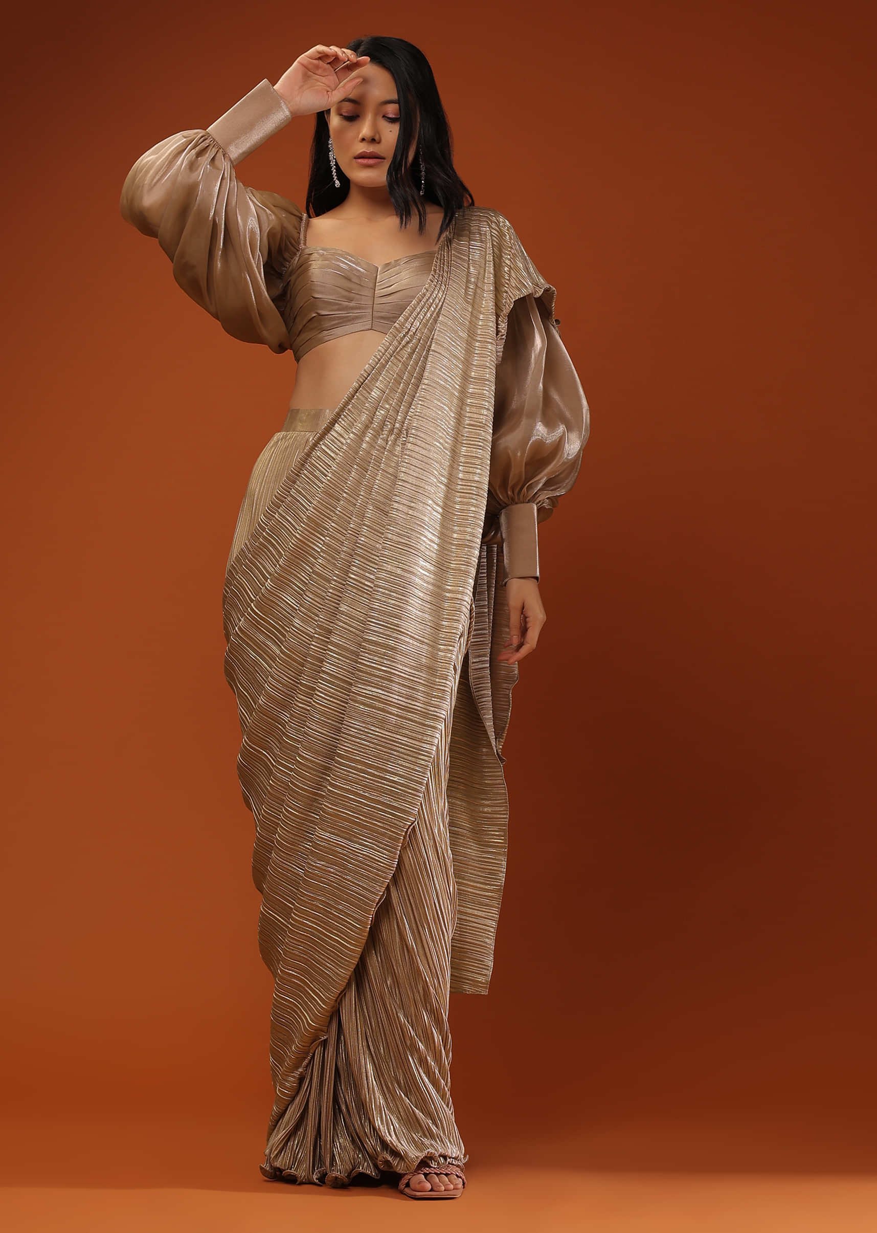 Champagne Beige Ready-Pleated Saree, Crafted In Crush With Side Zip Closure