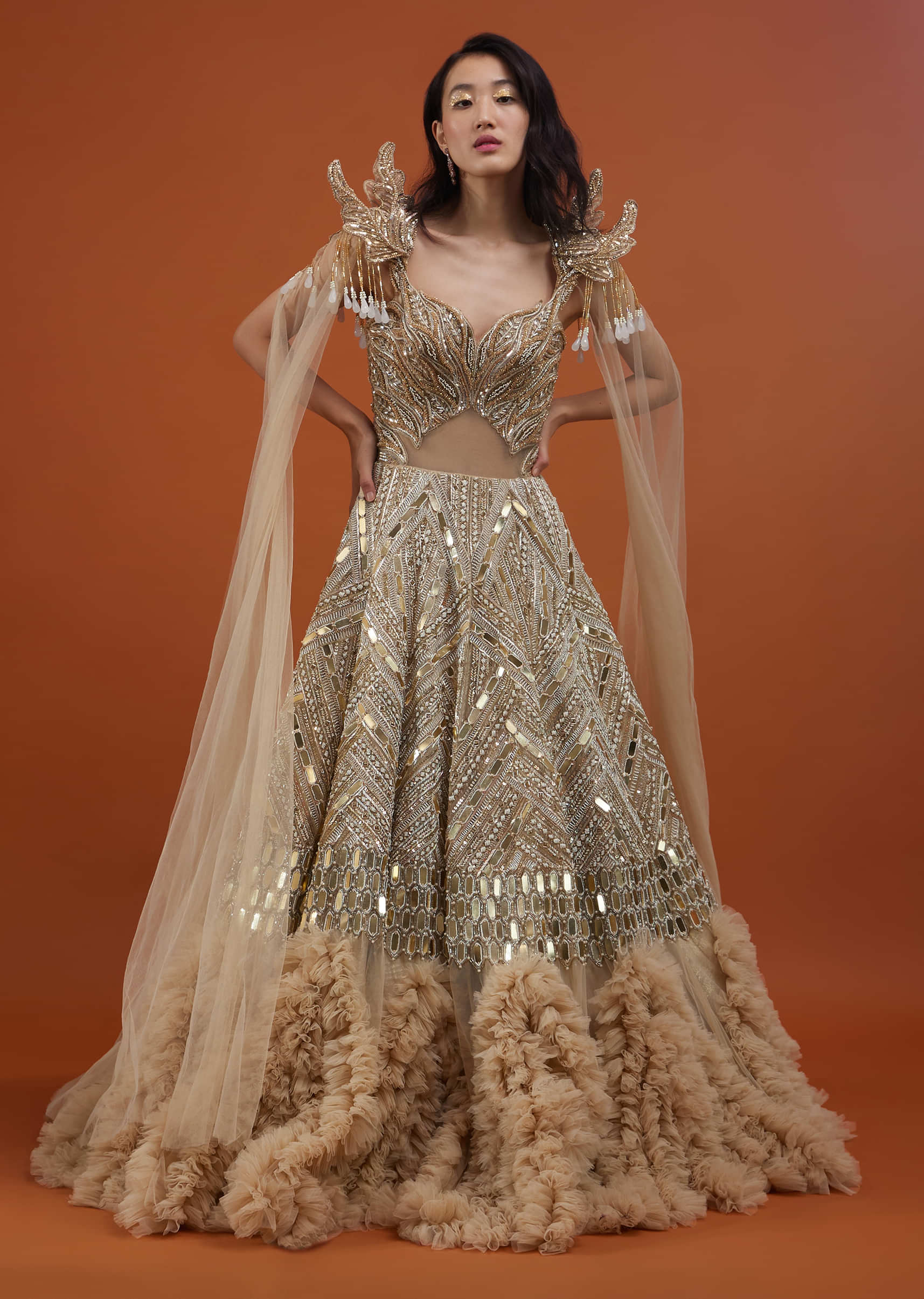 Kalki Champagne Gold Divine Gown In Net With Ruffle Frill Adornment - NOOR 2022