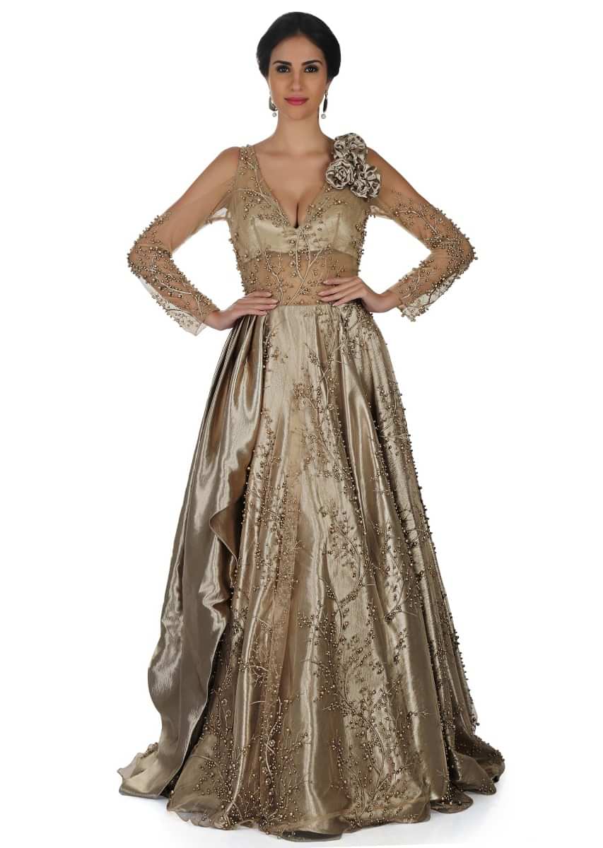 Champagne gold gown in embroidered net and pearl work