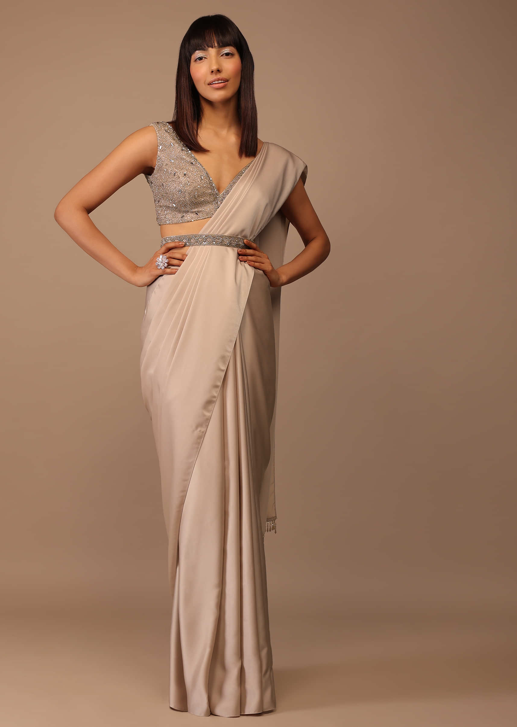 Champagne Satin Saree With Bead Fringes On Pallu Paired With Heavily Embellished  Crop Top
