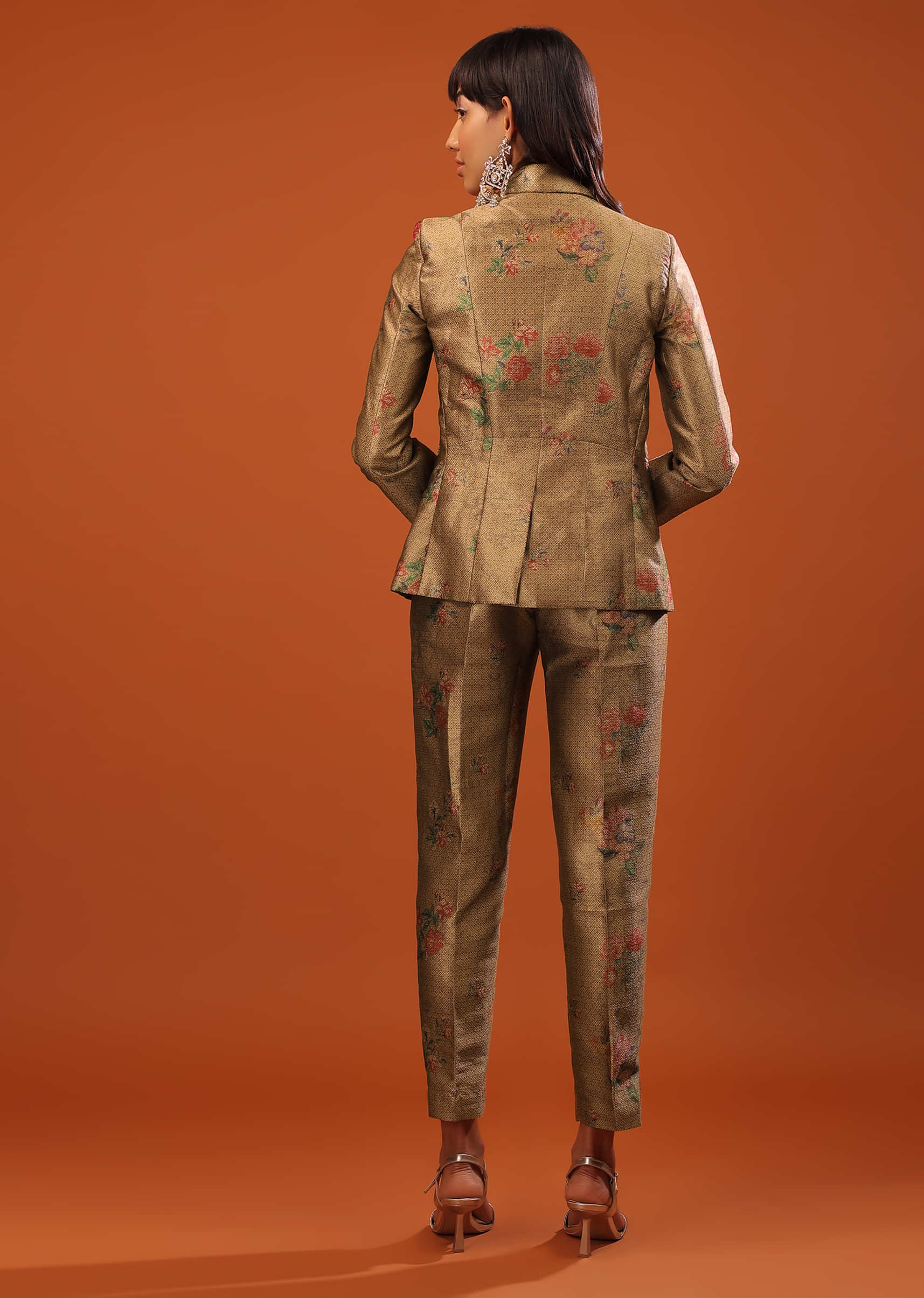 Champaigne Beige Three-Piece Western Suit In Banarasi Brocade Silk With Cut-Dana Finished Crop Top