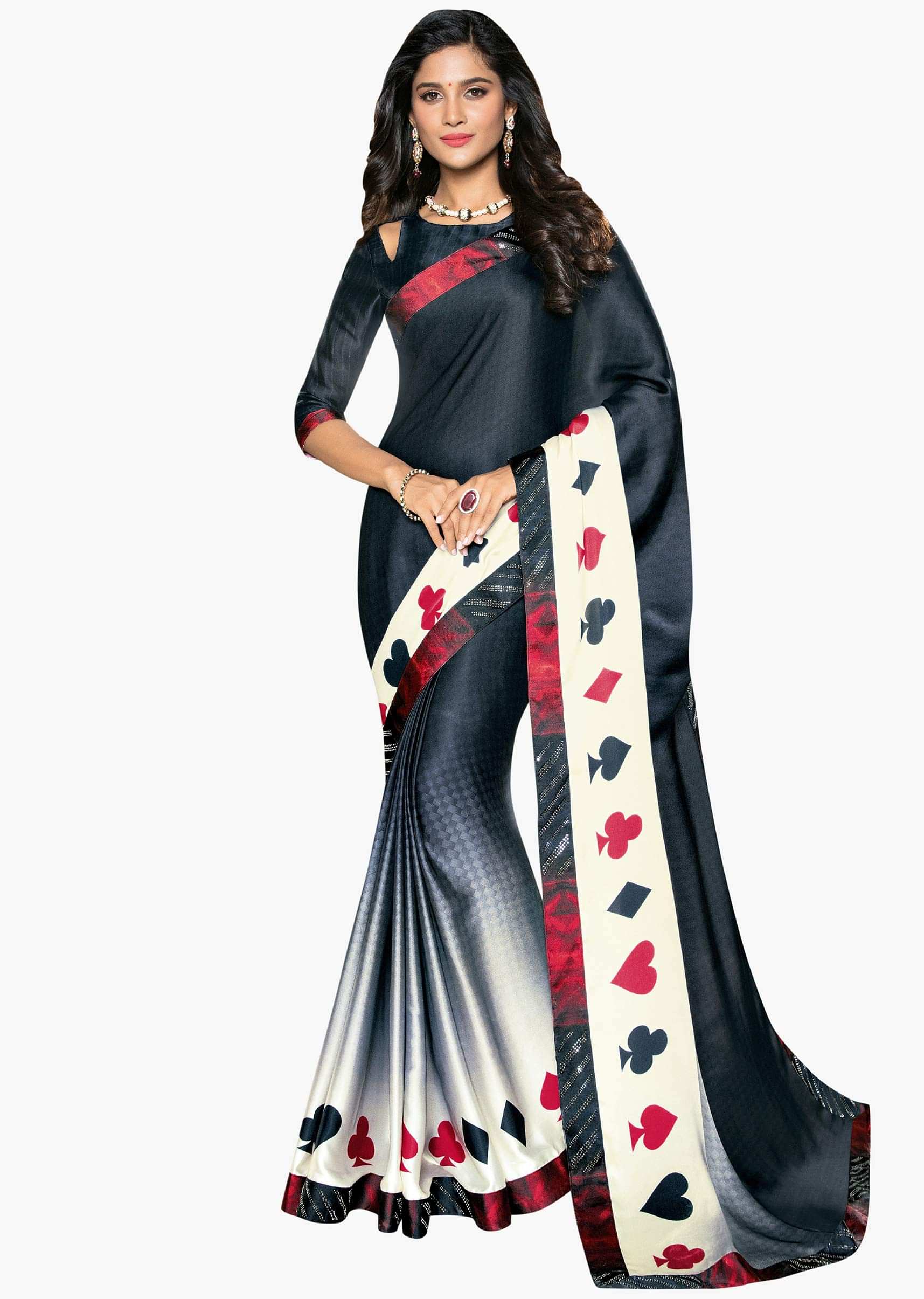 Charcoal grey and cream shaded saree in fancy print only on Kalki 