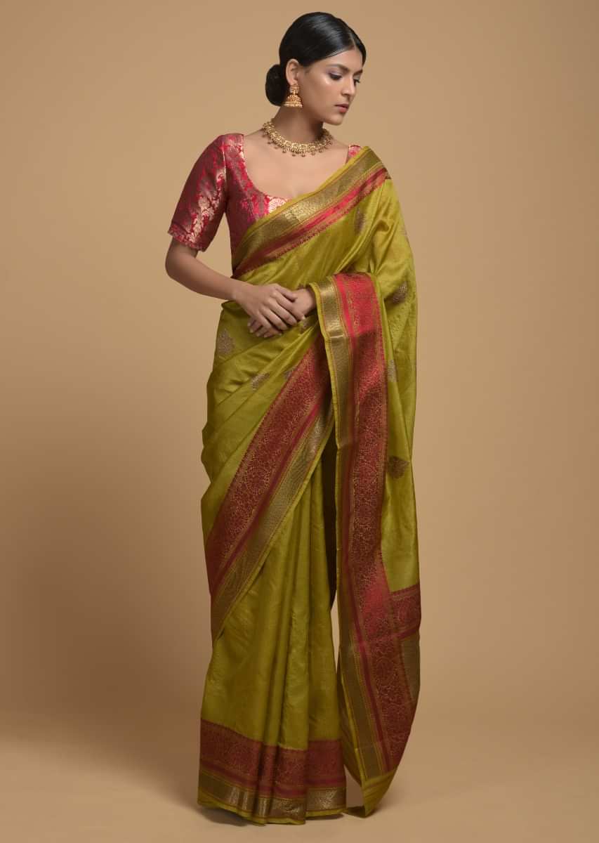 Buy Chartreuse Green Pure Handloom Saree In Tussar Silk With Woven ...