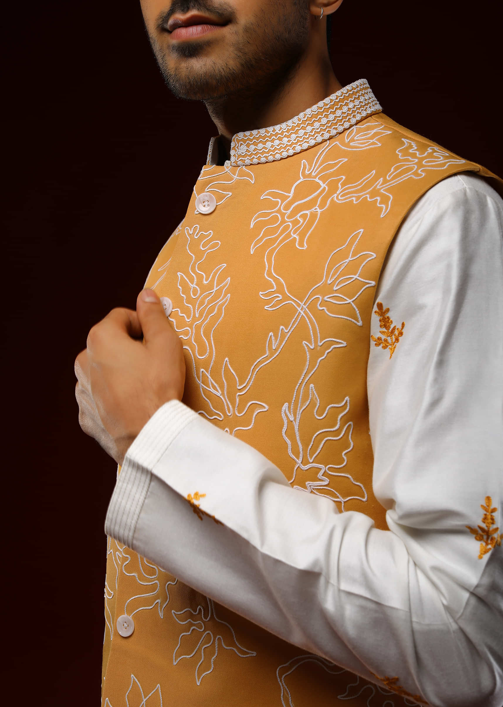 Cheddar Yellow Nehru Jacket With White Resham Embroidered Floral Jaal And Daisy White Kurta Set