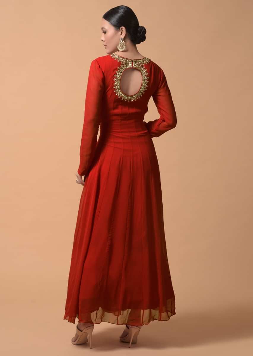 Cherry Red Anarkali Suit In Georgette With Zari And Sequins Embroidered Floral Motifs  