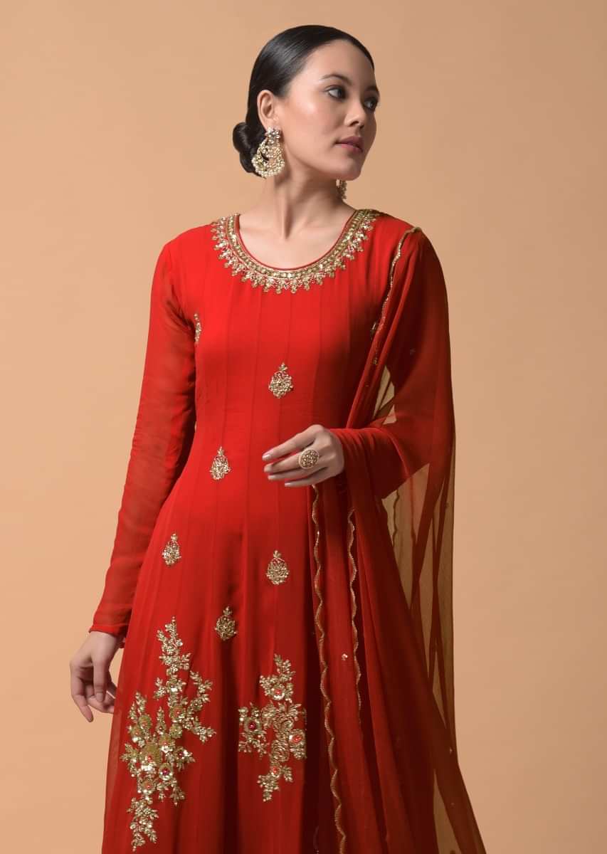 Cherry Red Anarkali Suit In Georgette With Zari And Sequins Embroidered Floral Motifs  