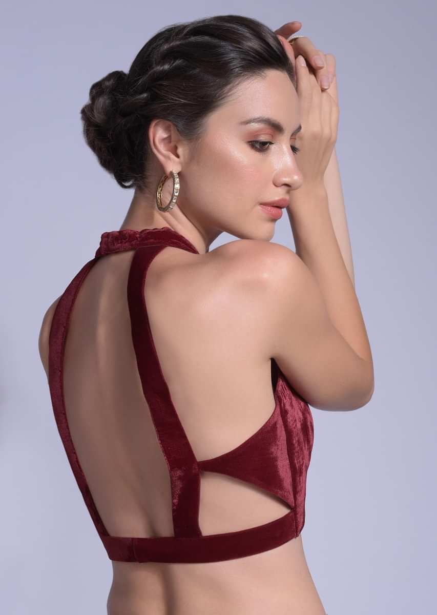 Cherry Red Blouse In Velvet With Halter Straps And Sweetheart Neckline