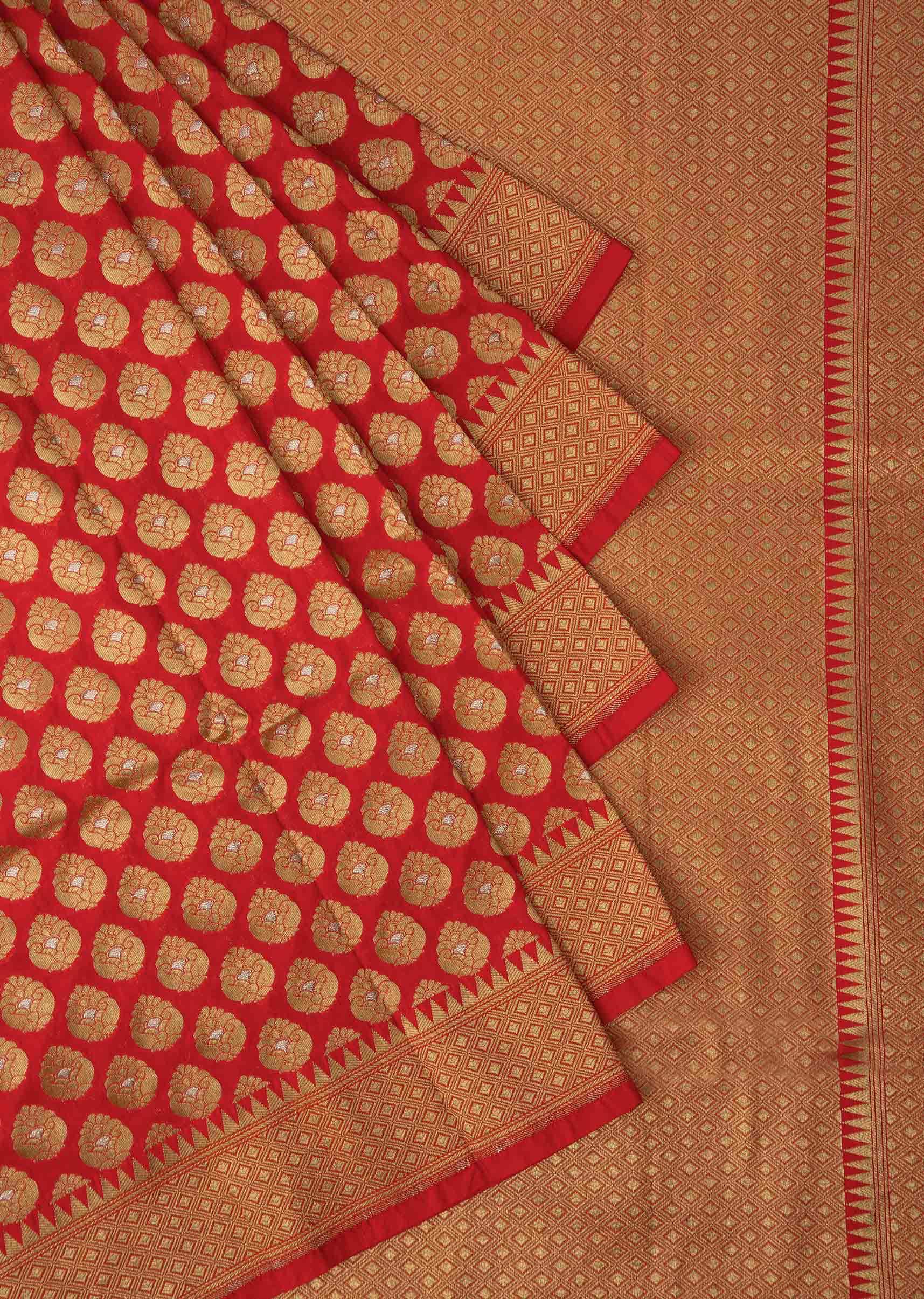Cherry red chanderi silk saree with weaved butti and geometric motif pallav border